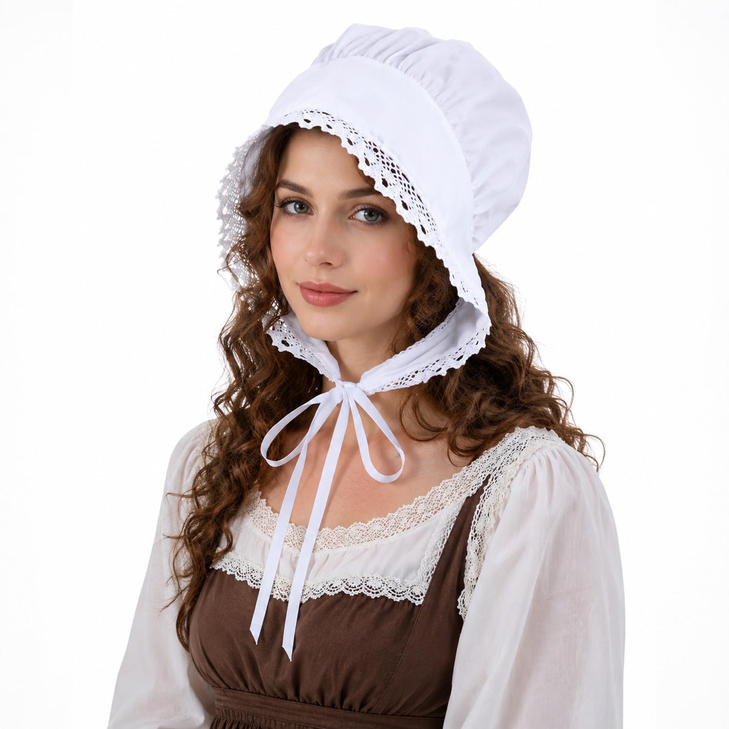 Women Colonial Bonnet Hat Soft Maid Cap Straw Maid with Adjustable Straps