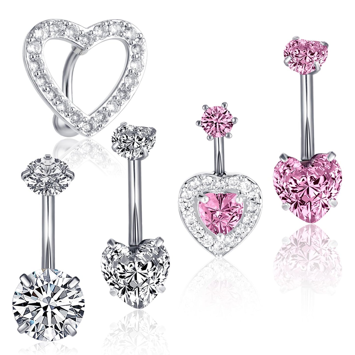 Josojoou Cute Pink Heart Belly Button Ring Surgical Stainless Steel Rings 14G Dangling Belly Ring Pack for Women Navel Piercing Jewelry