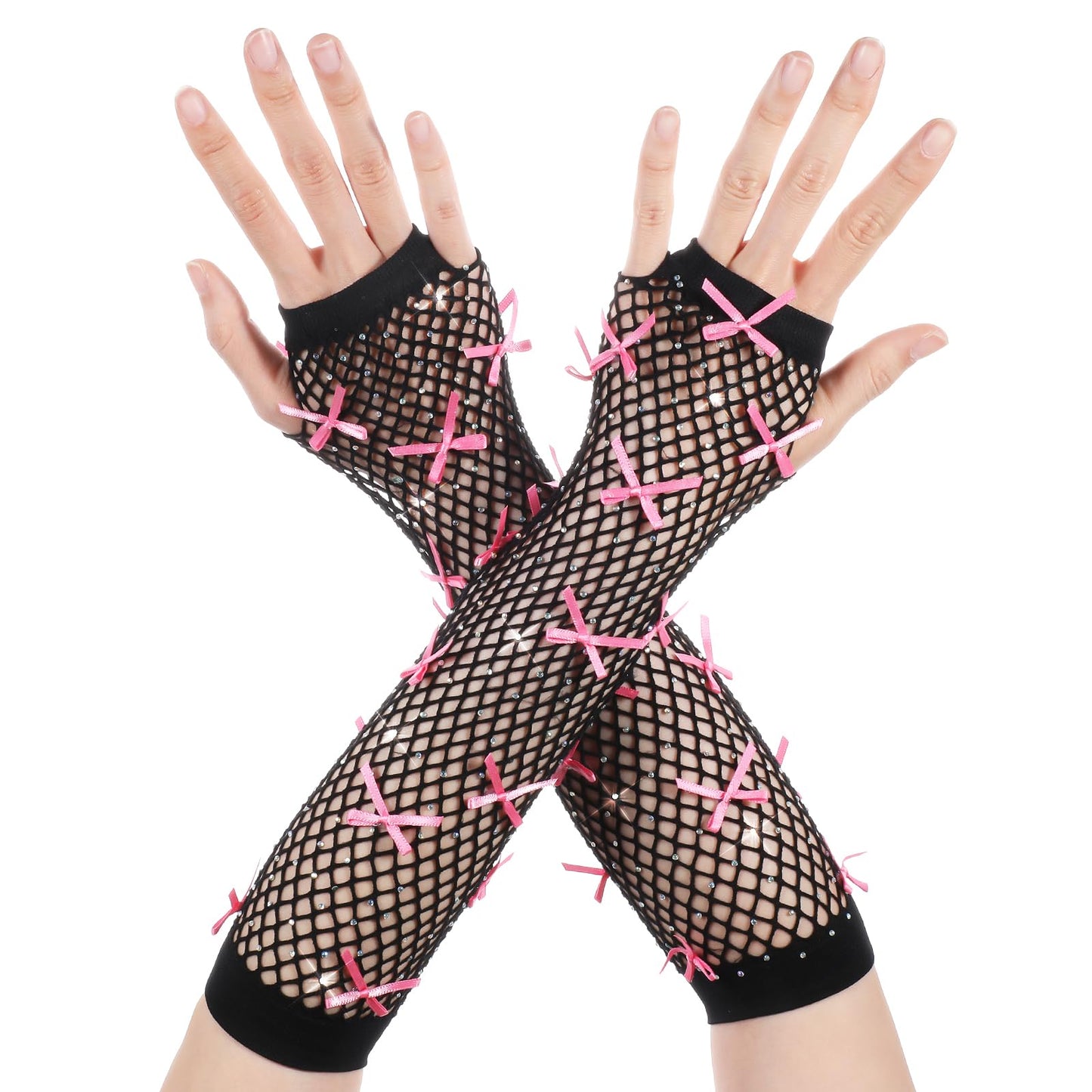 HaiFafafaing Black Fishnet Gloves with Bows for Women Girls Black Rhinestone Long Fishnet Fingerless Glove 80s Fishnet Net Mesh Sleeves 1920s Nylon Gloves for Party Cosplay Accessories Supplies