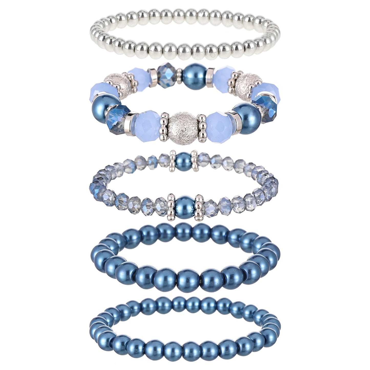 DIVINA VITAE 5 Pcs Beaded Stretch Bracelets Blue Stackable Bracelets Crystal Bead Bracelet Boho Beaded Bracelets Stretch Layering Crystal Stone Beaded Bracelets Trendy Costume Jewelry Gifts for Women