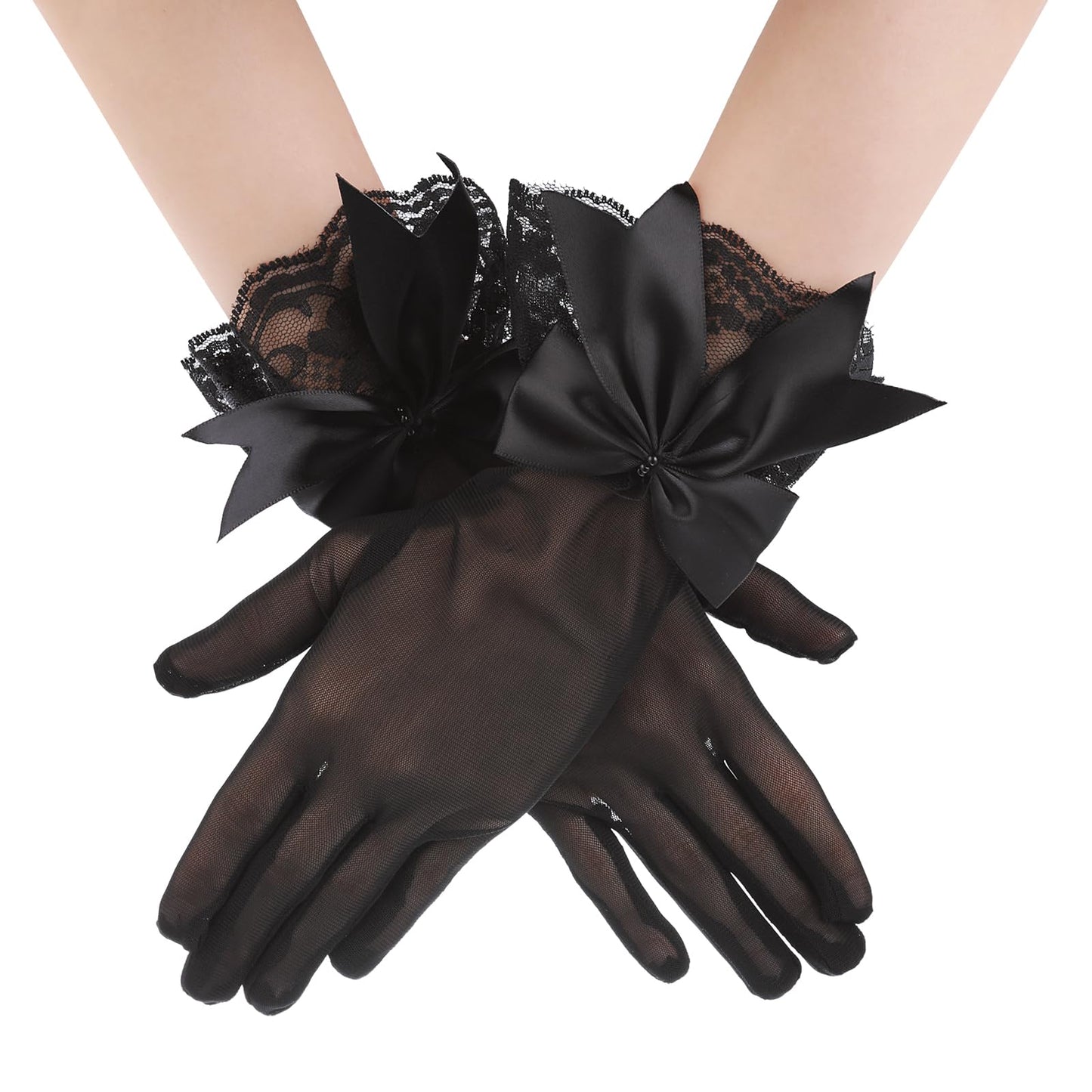 Telooco Women's Black Lace Gloves Bowknot Tulle Gloves Elegant Party Dance Gloves Breathable Vintage Opera Gloves Suitable for Wedding Tea Party Dinner