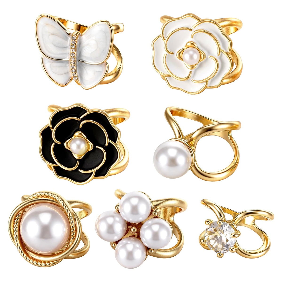 7 Pcs Metal Scarf Rings For Women- Flower Pearl Scarf Ring Buckle Slides