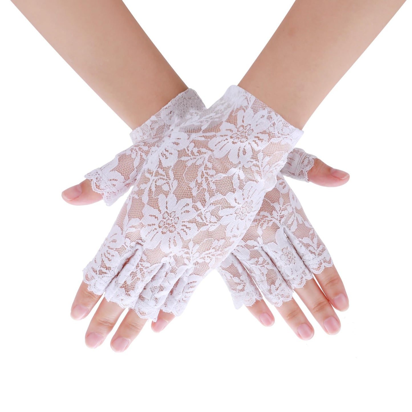 Lusofie 2 Pairs Fingerless Lace Gloves Women's Long Lace Gloves Women Formal Bridal Elbow Length Evening Black and White Lace Gloves for Wedding Opera Tea Party