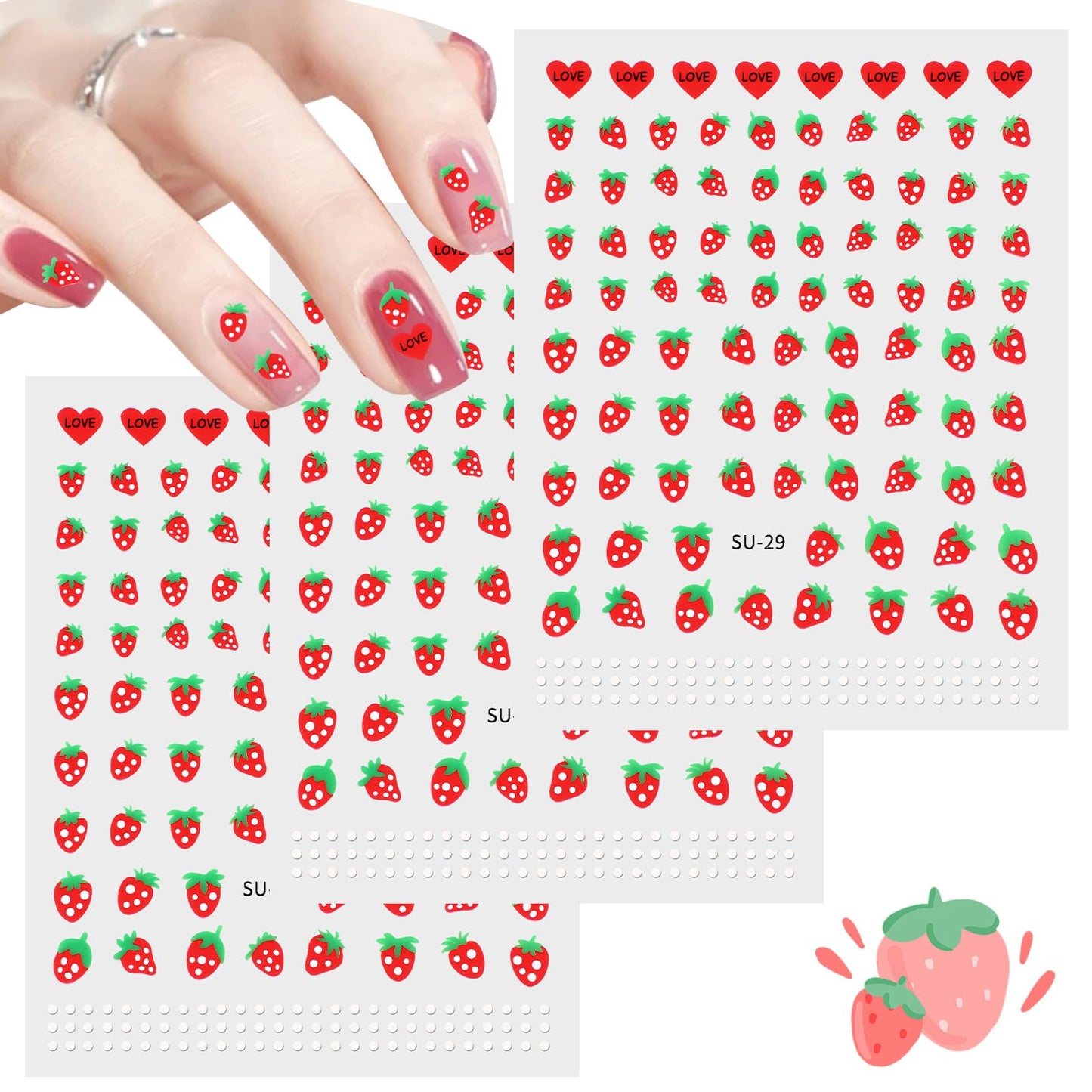 Lusofie Strawberry Nail Stickers 3D Art Nail Decals Self-Adhesive Fruit Nail Stickers Strawberry Cute Sweet Sticker Nails for Nail Art Decoration