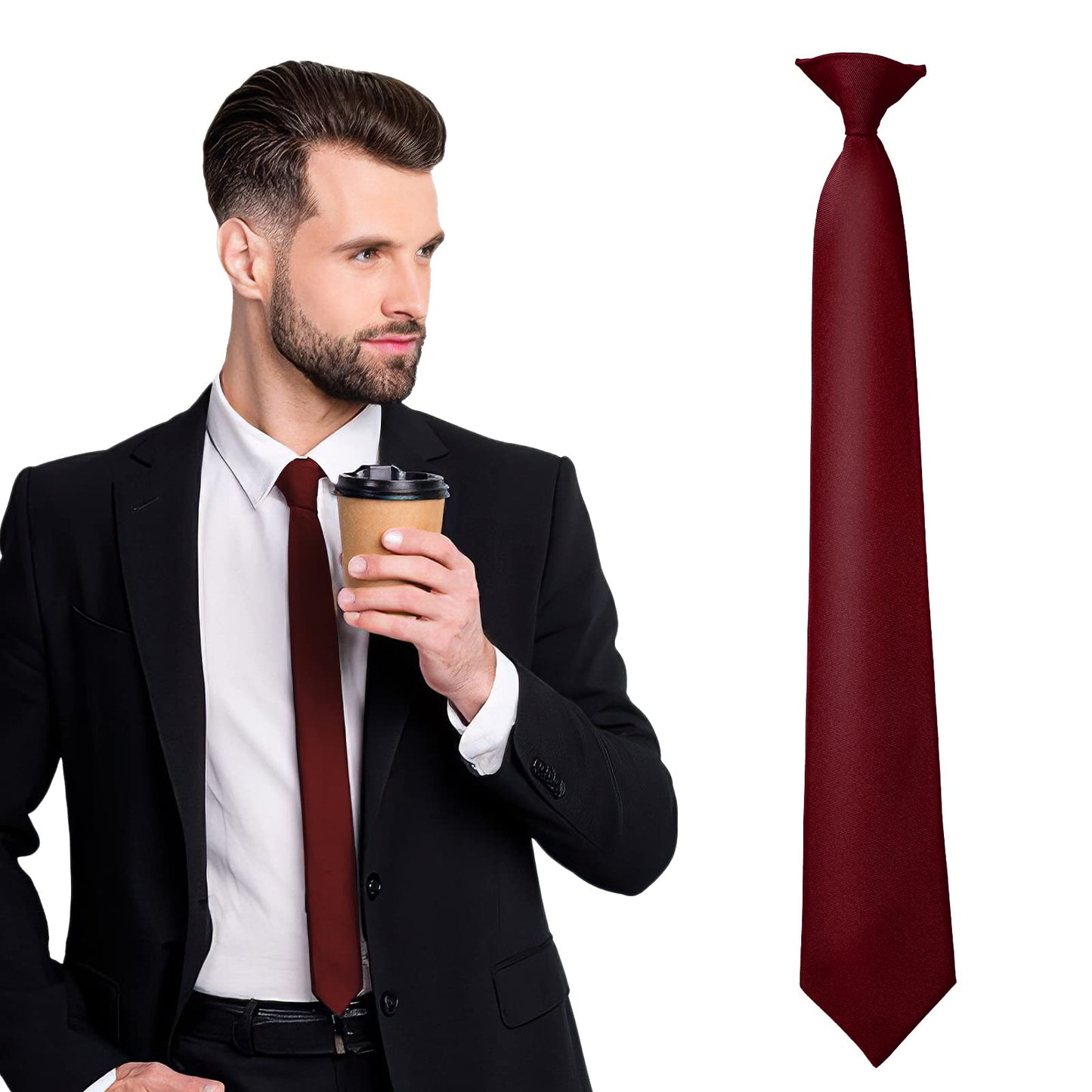 Yolev 1PCS Burgundy Ties Men Clip-On Ties Adjustable Neck Straps Solid Color Satin Ties For Formal Wear Wedding Funeral Party Prom Graduation School Uniform