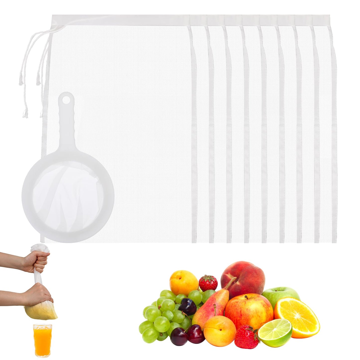 9Pack Nut Bag Strainer and Cheesecloth Bags for Straining 12 x 8 Inch Nylon Cheese Cloth Bags Reusable Nut Milk Bag 200 Mesh Fine Mesh Bag for Straining Fruit Juice Cheese Coffee Tofu Yogurt Tea