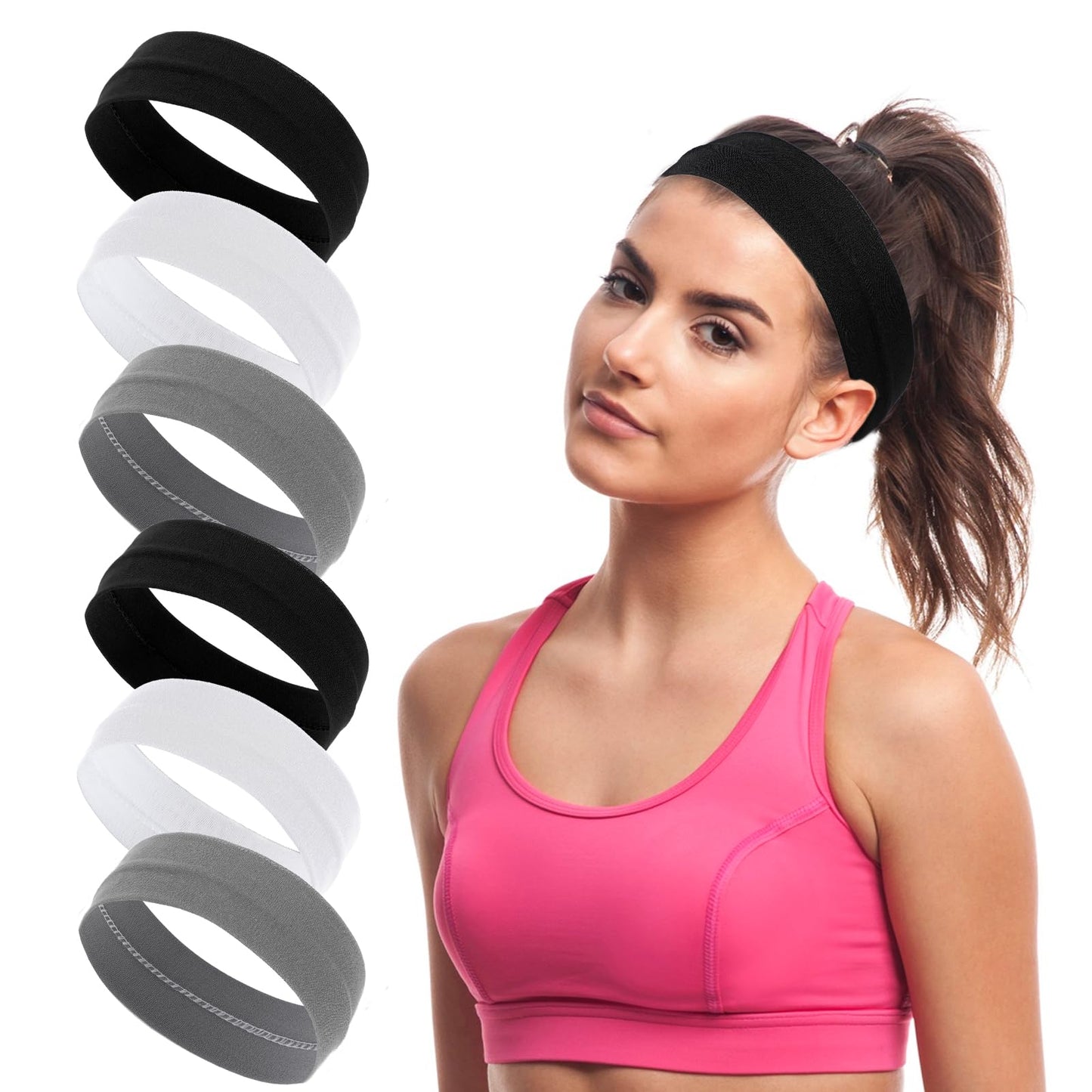 Lusofie 6Pcs Cloth Headbands for Women Thin Head Band Elastic Sweat Hairbands Soft Fabric Hair Bands for Yoga, Golf, Gym, Camping, Running, Tennis (Black, Gray, White)
