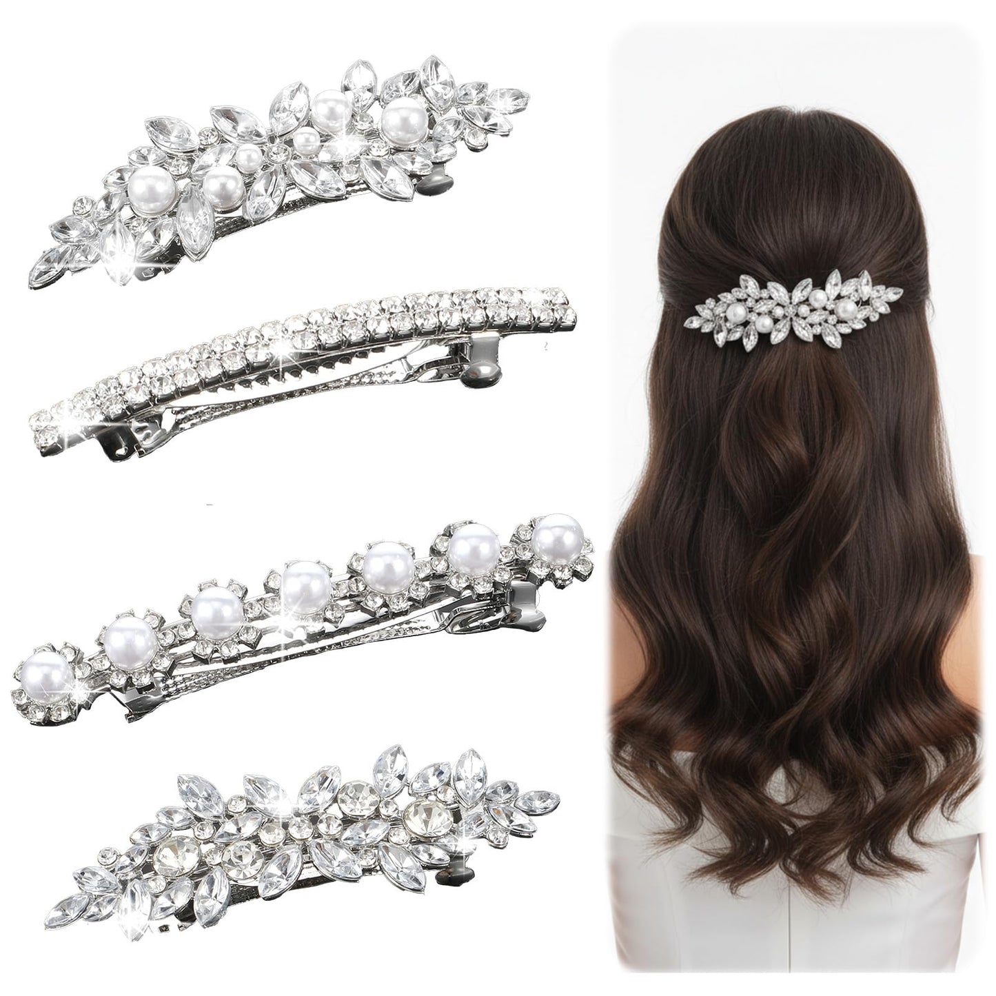 4PCS Pearl Rhinestone Hair Clips, Sparkling Flower Bridal Hair Clips, Silver Metal Crystal Pearl Hairs Pins for Weddings, Parties, and Everyday Wear, Gift for Women