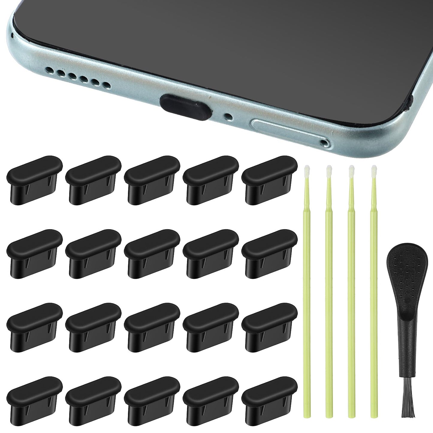 20 Pcs USB C Dust Plug, Silicone USB C Plug Cover with 5 Cleaning Brushes, Charging Port Cover Type C Cleaning Tool Kit for Apple 15/16/17/Samsung