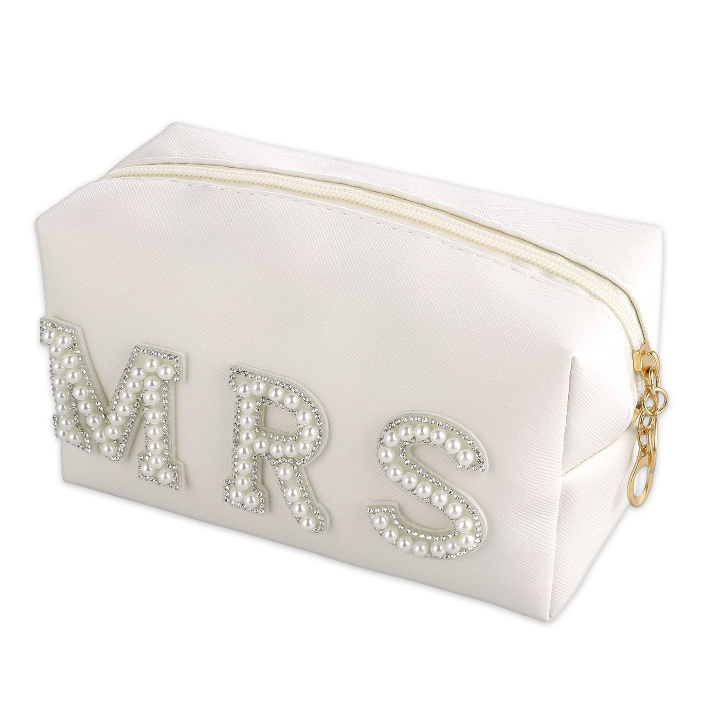 Yolev Bride Patch Makeup Bag Letter Cosmetic Pearl Rhinestone MRS Letter Bag PU Leather Waterproof PU Leather Toiletry Bags Portable Makeup Organizer Bag for Women Girls