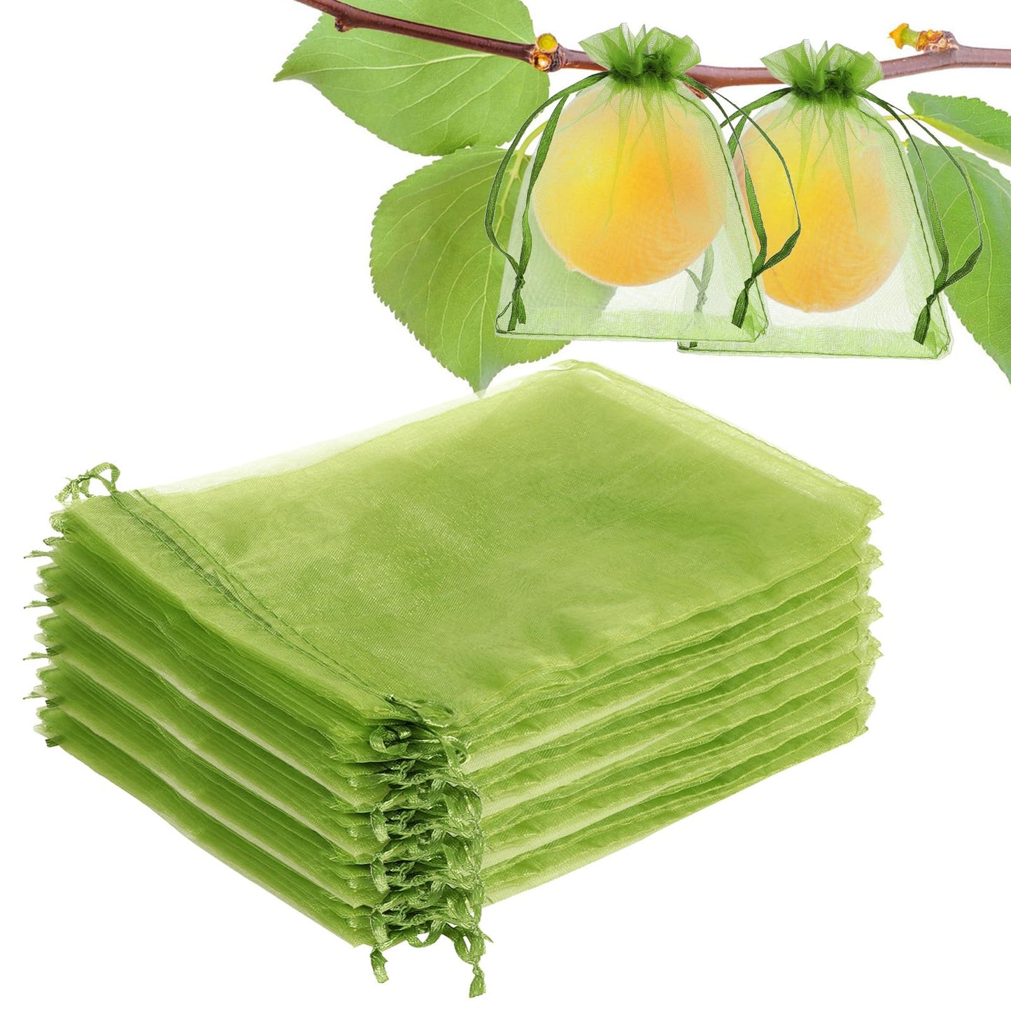 100 Pcs Fruit Protection Bags, 6x8 Inch Organza Green Fruit Netting Cover Bags with Drawstring Garden Netting Bag to Protect Grape Vegetables Tomato Strawberry Garden