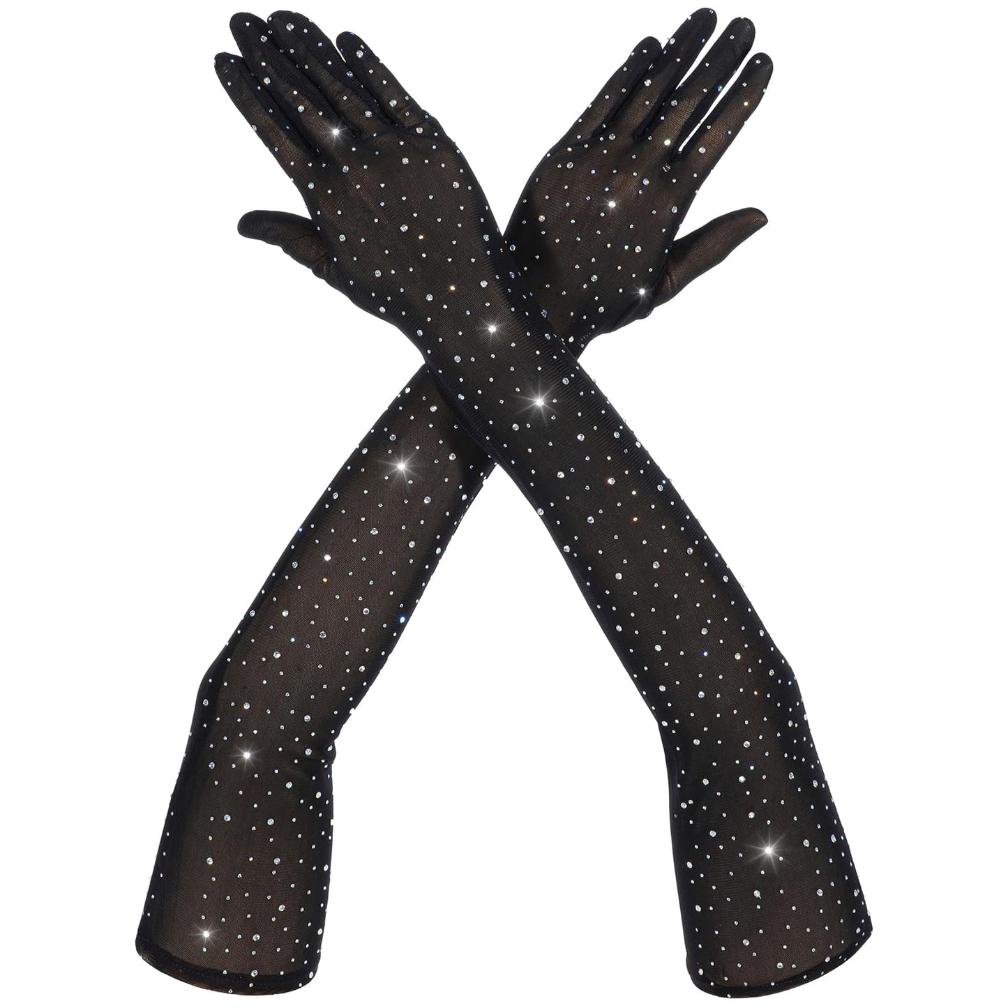 Lusofie Rhinestone Gloves Glitter Sparkle Black Fishnet Gloves Elbow Length Tulle Gloves for Women Rhinestone Sheer Gloves for Weddings Parties Proms Halloween Costumes