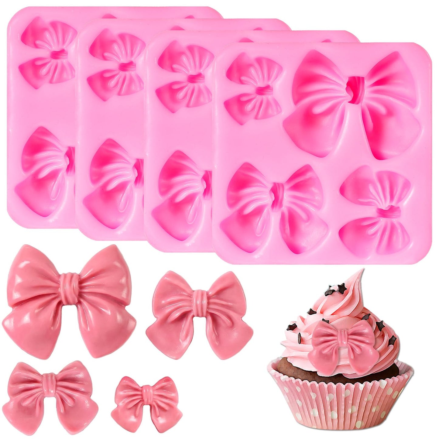 4 Pcs Bow Chocolate Mold Bow Silicone Fondant Mold Bowknot Candy Molds for Chocolate Candy Cake Pudding Decorating Cupcake Topper Crafts (Pink)