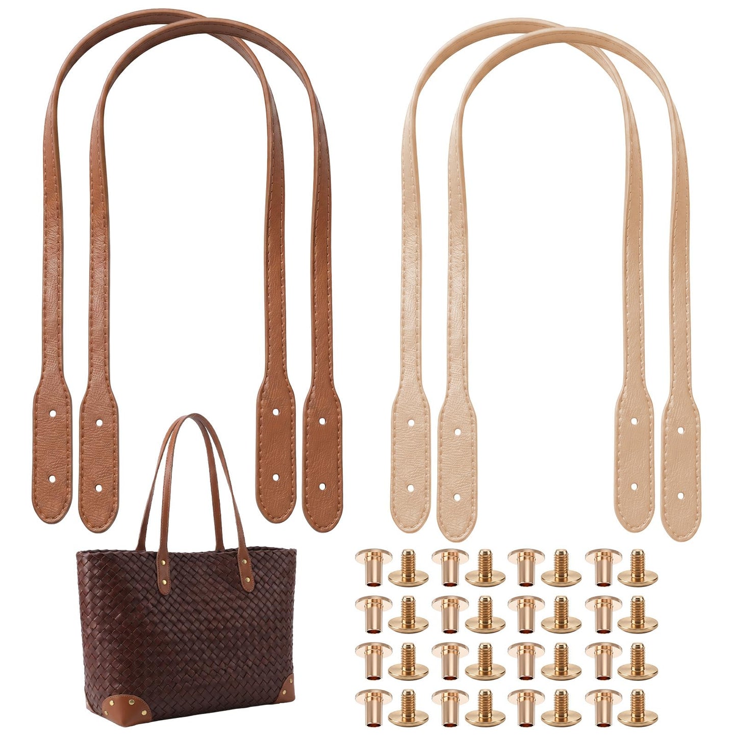 4 Pcs Purse Handles, PU Leather Handles for Bags Wraps Mount Handbag Strap with Rivets Sew on Replacement Bag Straps for Purse Underarm Bag Shopping Wallet Crochet Bags