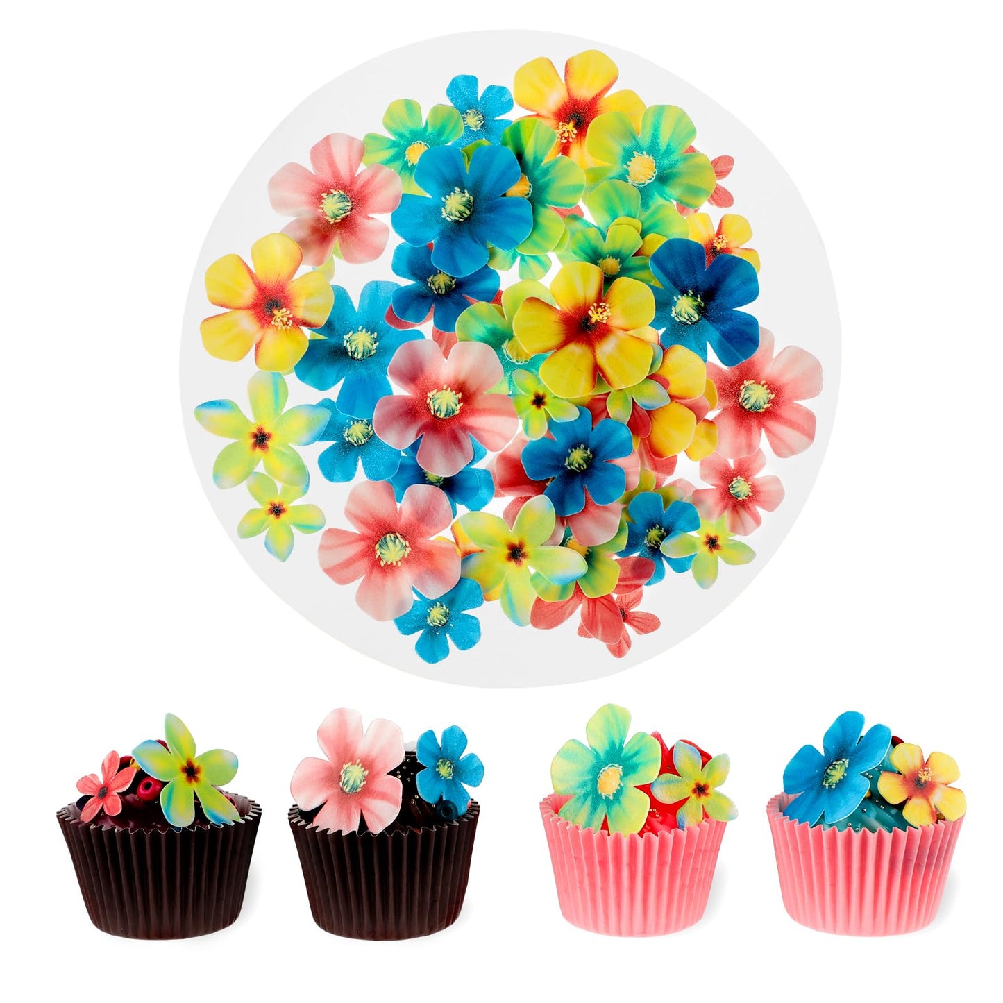 70 Pcs Edible Flowers Cake Toppers Wafer Paper Flower Cake Decorations Edible Flowers Cupcake Topper for Cake Decorating Hawaiian Flowers Rice Paper Flower Food Decoration for Wedding Birthday Party