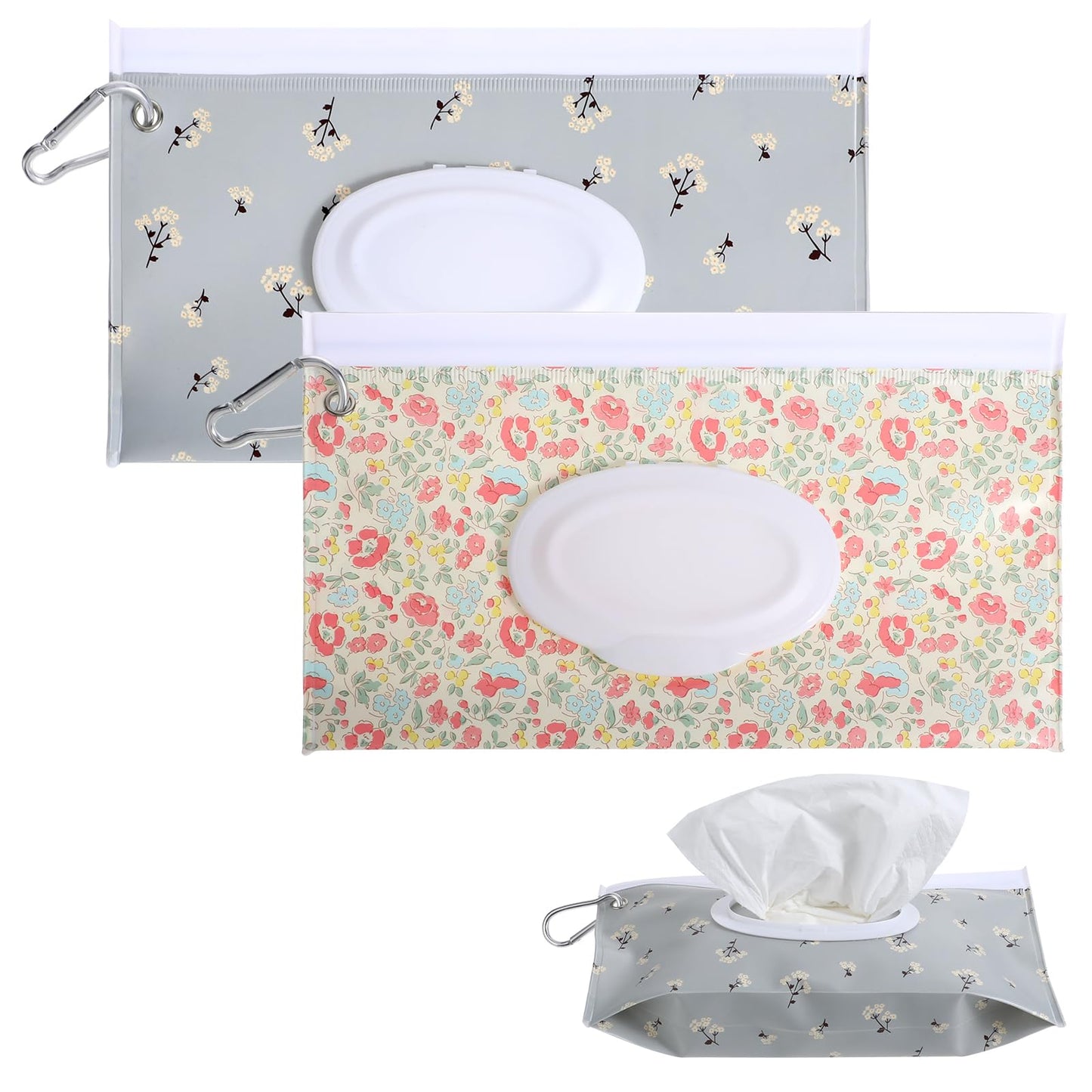 Yolev 2Pcs Travel Wipes Case, 24cm *13.5cm Portable Wipes Dispenser with Carabiner Sealing Strip Closure Reusable Wipes Pouch for Daily and Travel Wipes(Flowers, Cherry Blossoms)