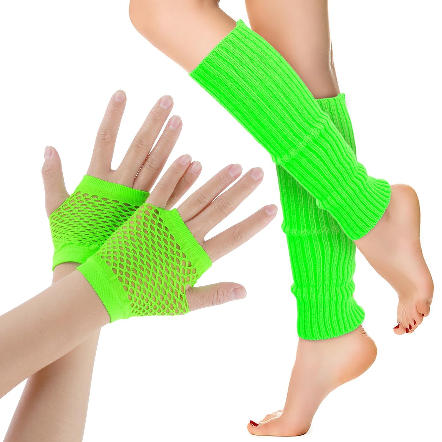 Neon Leg Warmers and Fishnet Gloves Set 80s Accessories for Women Stretchy Neon Clothes Femboy Clothing for Party Costume and Sports Yoga Supplies(fluorescent green)