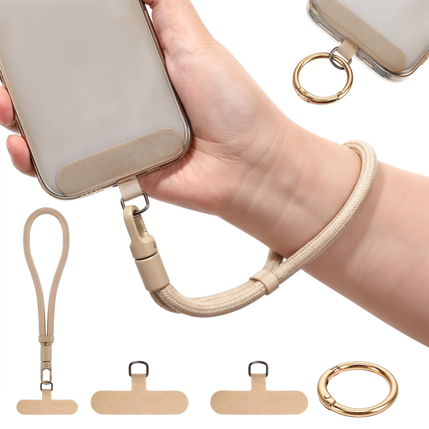 Josojoou Adjustable Cell Phone Wrist Strap, Wristlet for Phone with Three Phones Lanyard Tabs, Multifunctional Wrist Lanyard for Phones, Suitable for Both Men And Women (light tan)