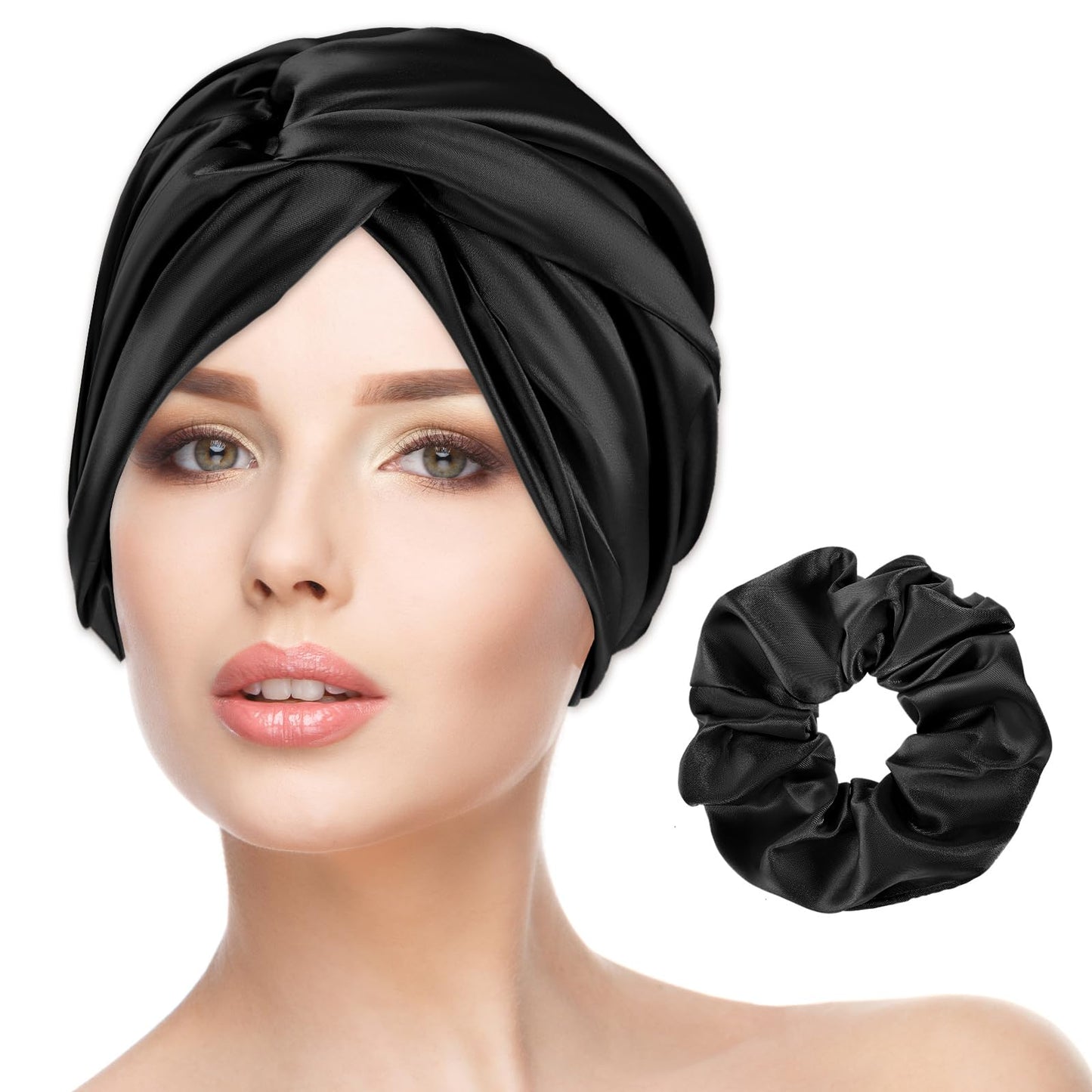 Silk Hair Bonnet for Women, Adjustable Silk Bonnet for Sleeping, Double Layer Soft Satin Bonnet with Silk Hair Scrunchies for Braid Curly Straight(Black)