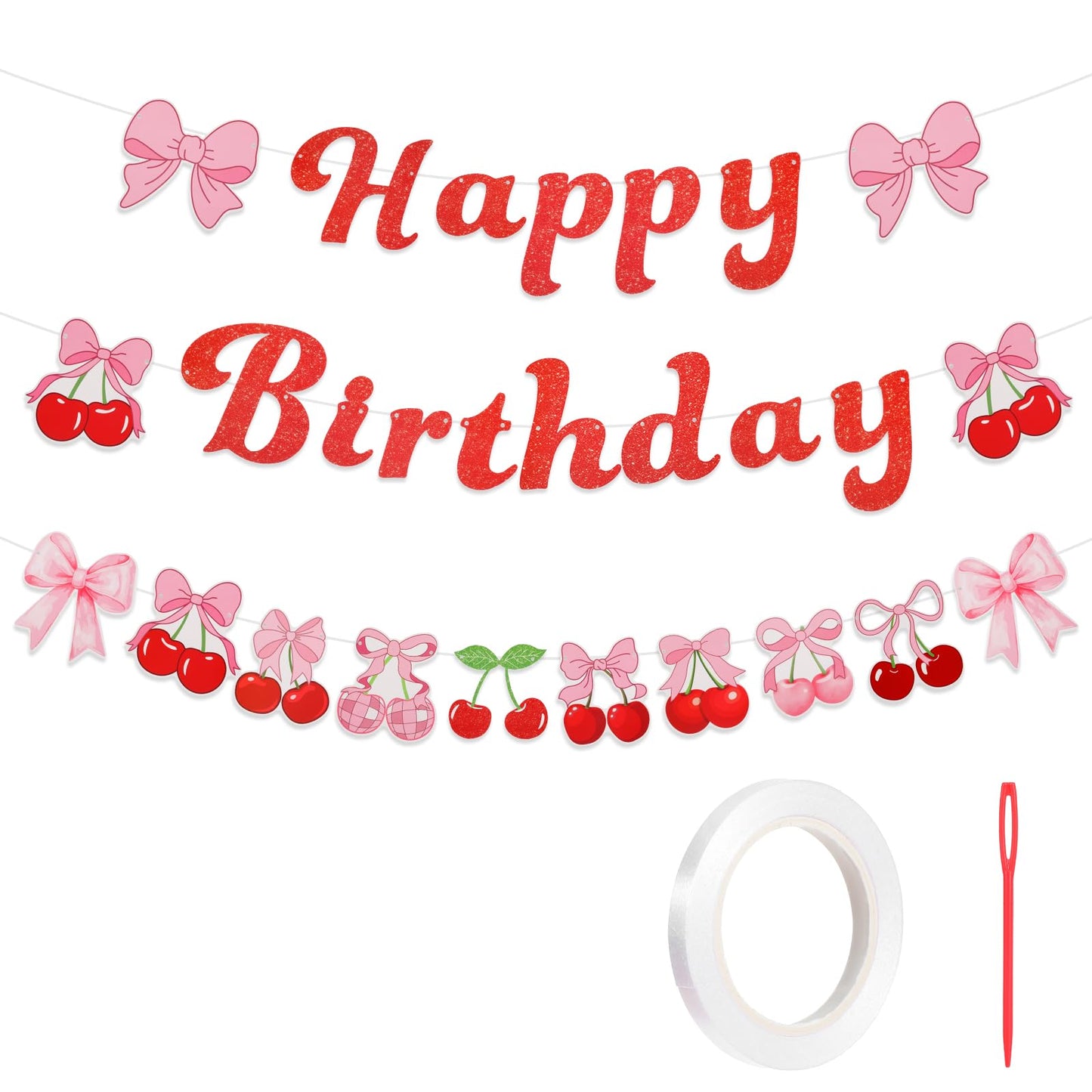 Cherry Happy Birthday Banner, Funny Fruit Theme Happy Birthday Sign, Sweet Cherry Glitter Paper Sign for Birthdays Party Decorations (Red Glitter)