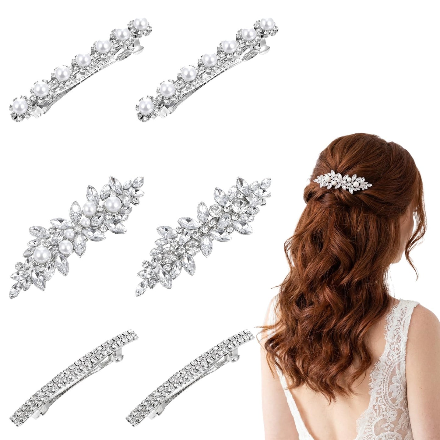 6 Pcs Rhinestone Hair Clips, Sparkly Silver Flower Crystal Hair Clips, Metal Rhinestone Barrettes for Women Elegant Hair Accessories for Wedding Party Everyday