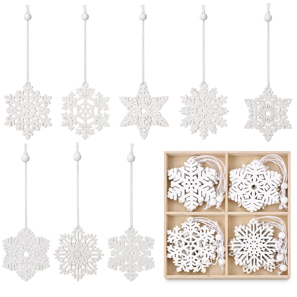 16 Pcs White Wooden Snowflake Ornaments, 3inch Christmas Tree Decorations