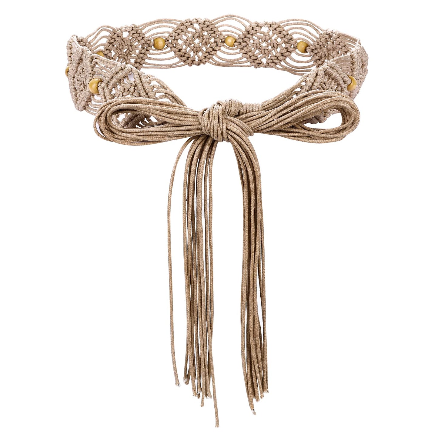 Yolev Boho Belts for Women Khaki Wide Woven Belt with Wooden Beads Rope Braid Fringe Belt One Size