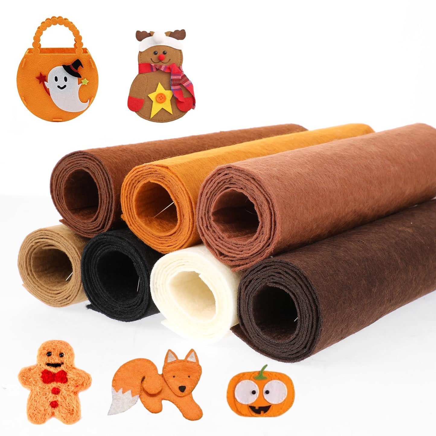 7 Pcs Felt Fabric Sheets Brown 21 x 90cm Black 1mm Thick Felt Squares with Embroidery Threads Black Felt Craft Fabric Brown Felt Sheets for Crafting DIY Sewing Patchwork Art Craft