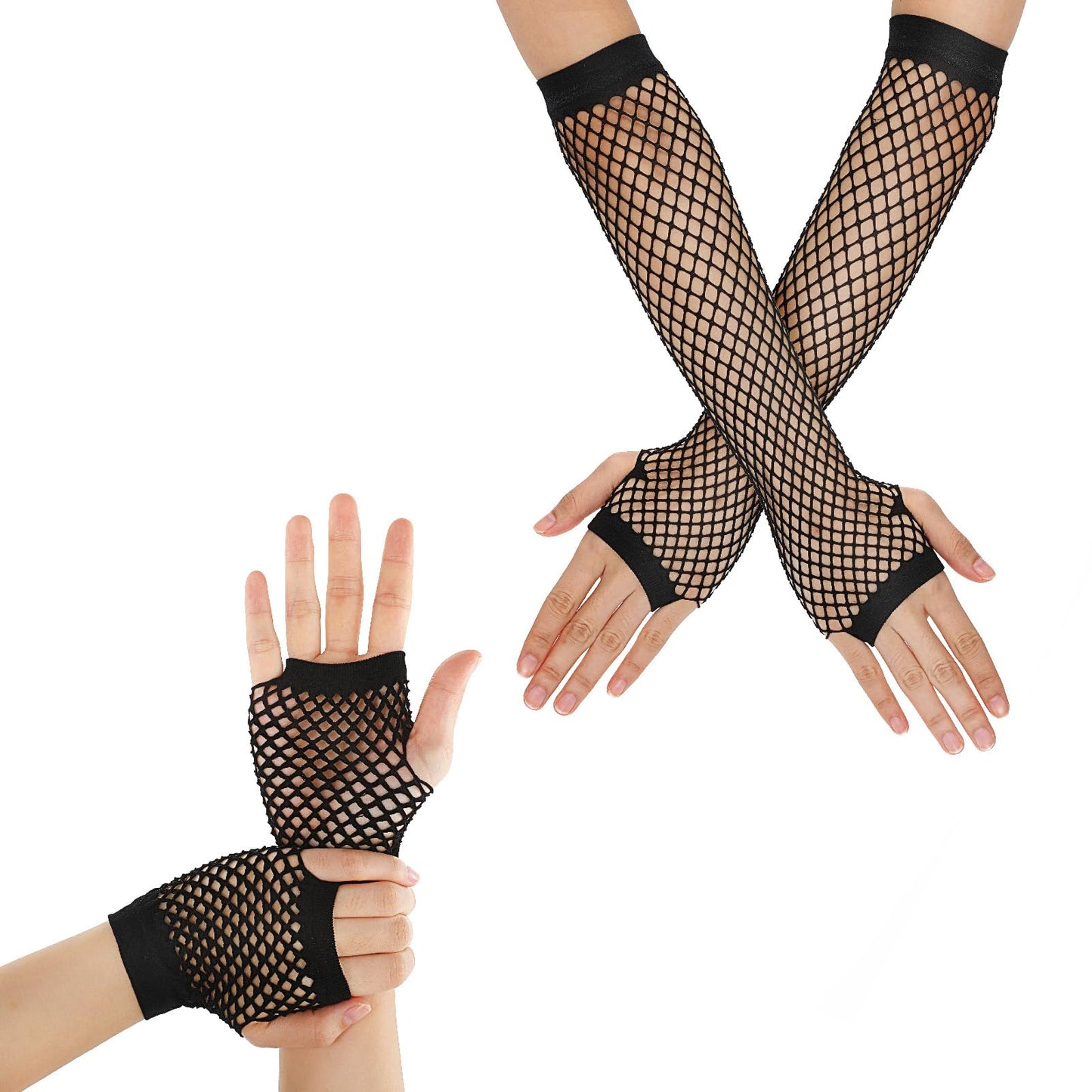 Yolev 2 Pairs Long Fingerless Fishnet Gloves Fingerless Short Fishnet Gloves Fishnet Mesh Fingerless Gloves 80s 90s Party Costume Accessories for Women and Girls (Black)