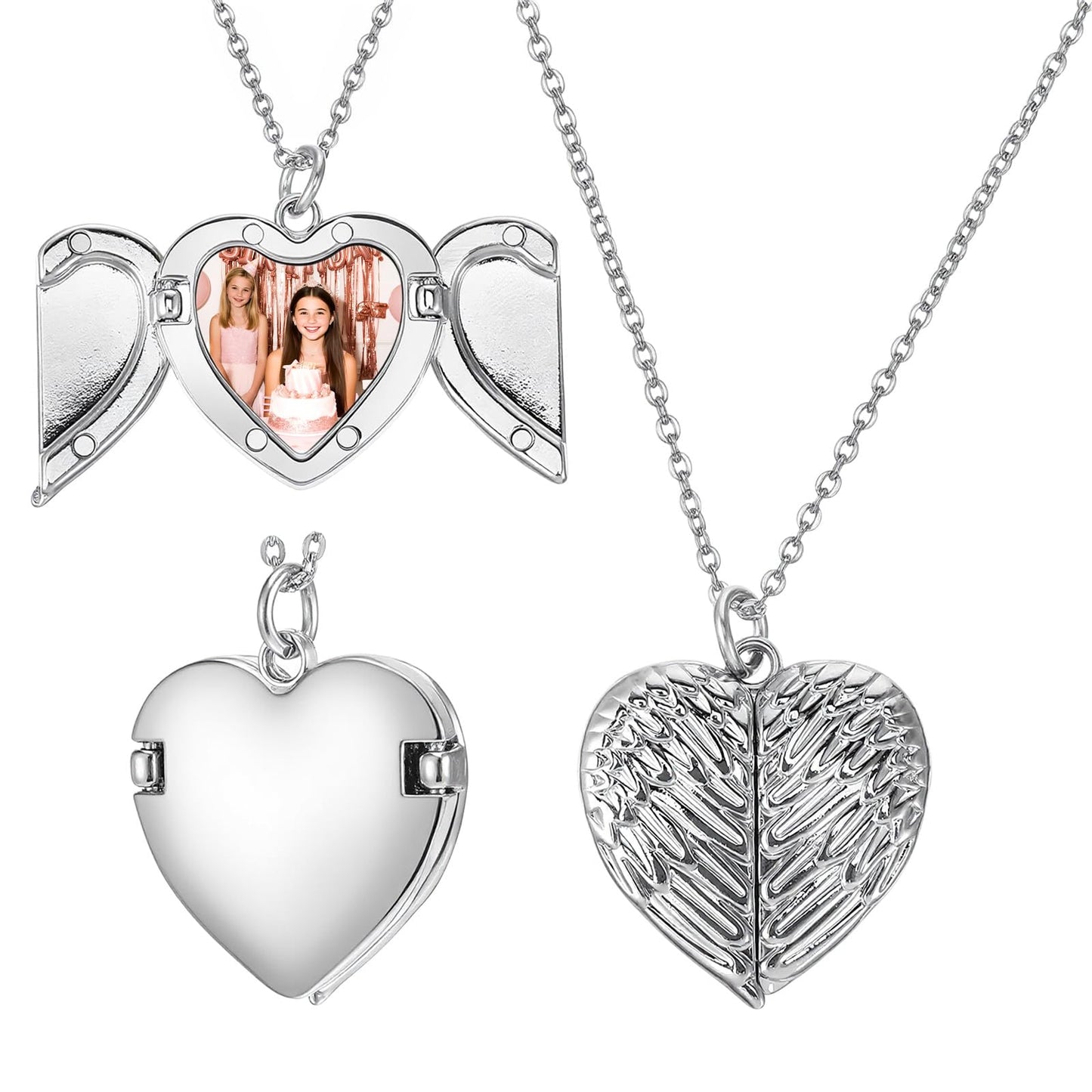 HaiFafafaing Heart Locket Necklace with Picture Inside,Silver Heart Locket with Guardian Angel Wings,Personalized Memorial Giftscustom Photo Jewelry for Loved Ones, Birthday Valentine's Day Keepsake