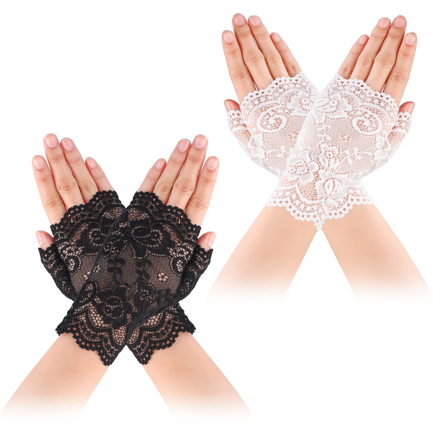 Yolev 2 Pairs Women's Short Lace Gloves Fingerless Floral Gloves Bridal Prom Gloves for Wedding Tea Party Costume Accessories