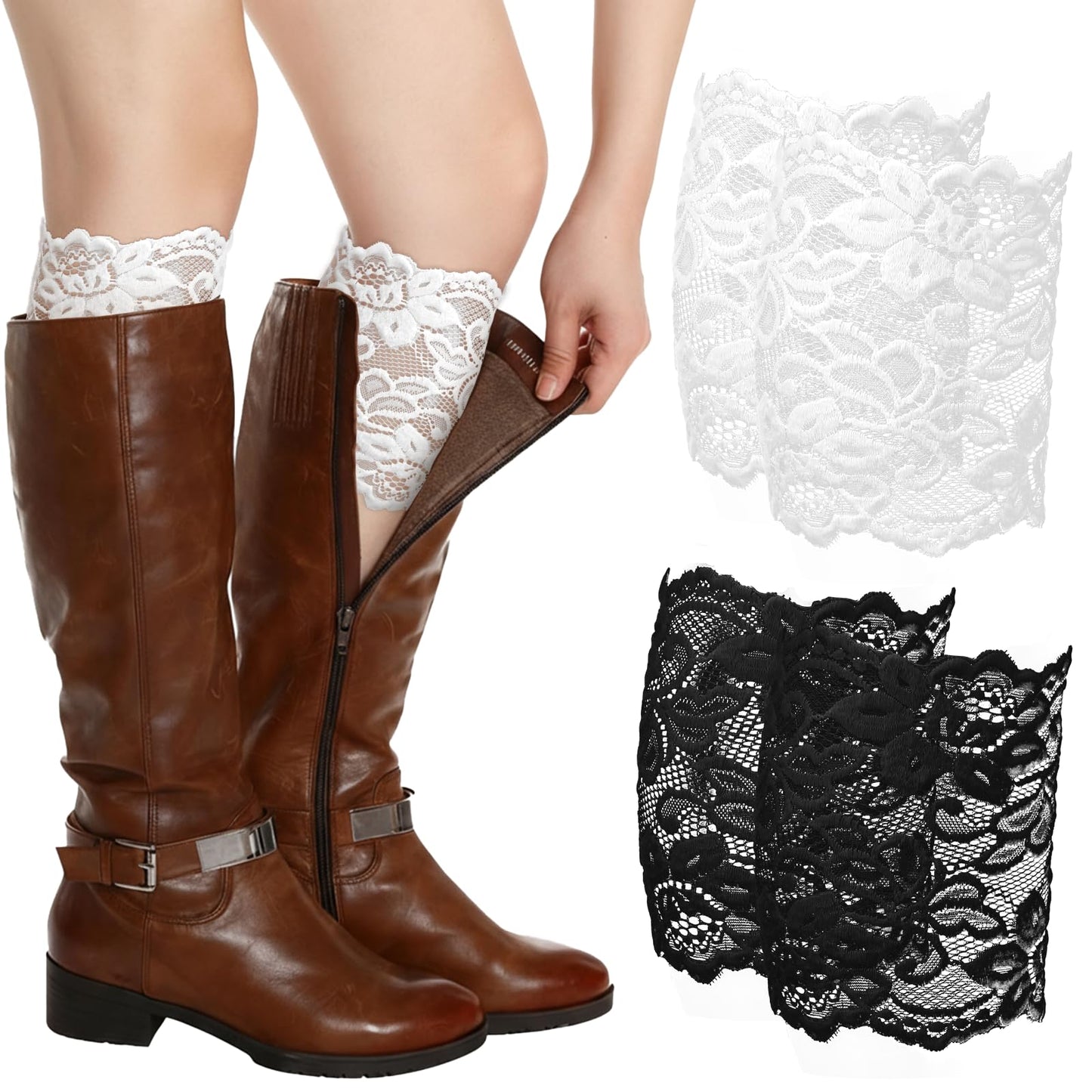 Tucnoeu 2 Pairs Elegant Lace Boot Cuffs for Women - Stretchy Lace Leg Warmers Socks Topper Cuff (Black & White)