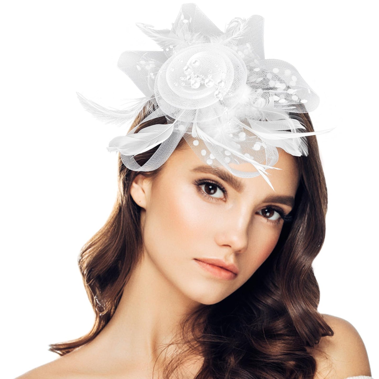 Yolev Fascinators Hat for Women Tea Party Headwear Flower Mesh Headband Wedding Cocktail Hair Clip for Girls and Women (White)