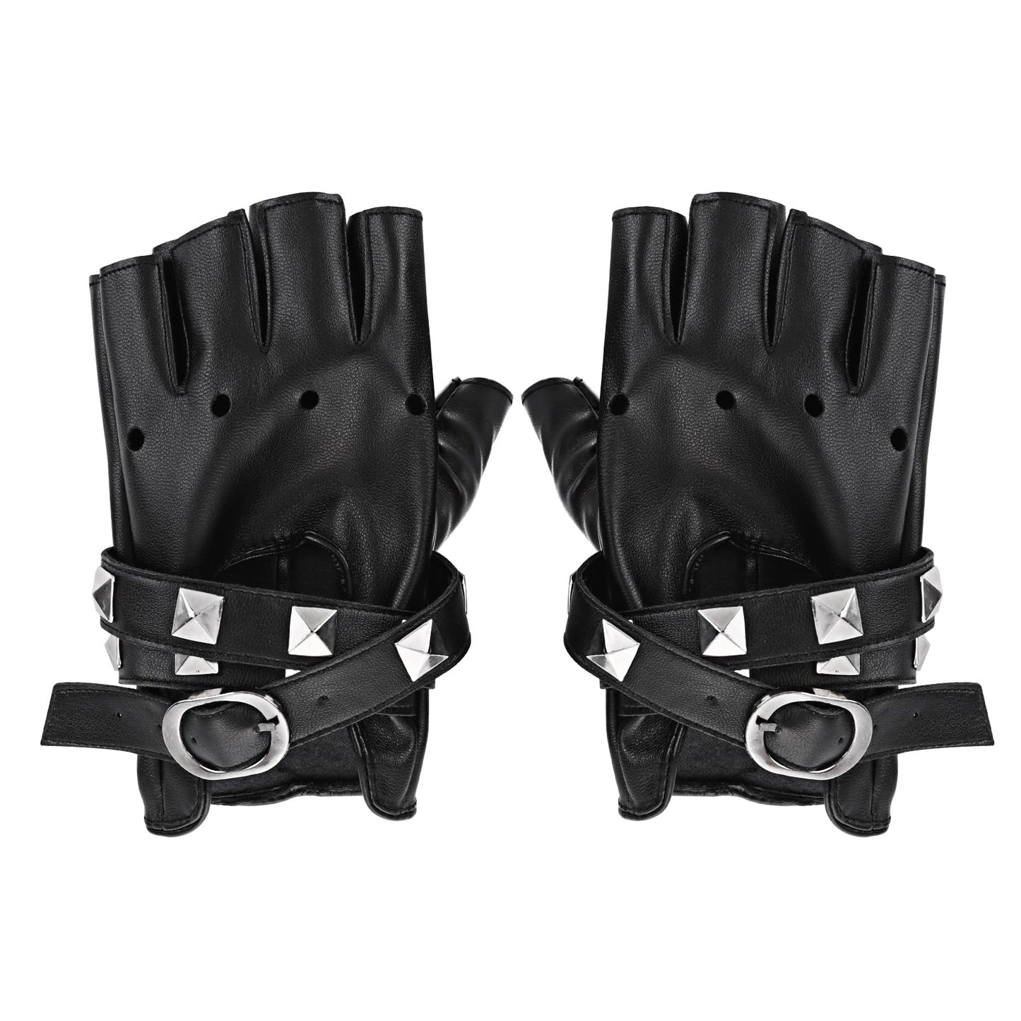 HaiFafafaing Leather Black Fingerless Gloves, Black Punk Gloves for Women Driving, Cycling, Sports, Cosplay, Performance, Halloween