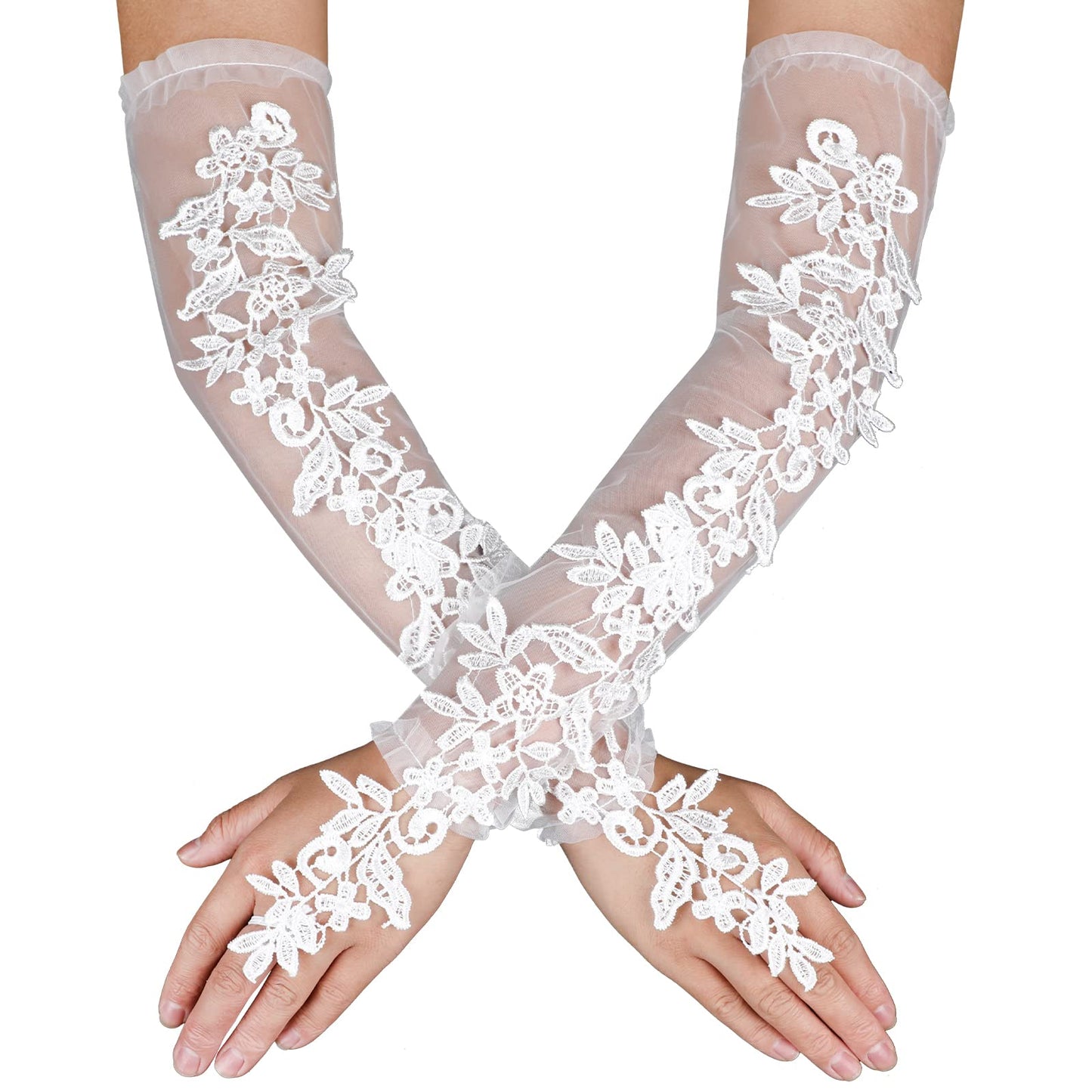 Women's Lace Fingerless Gloves Long Floral Lace Gloves Bridal Prom Gloves for Wedding Party Costume Accessories (White)