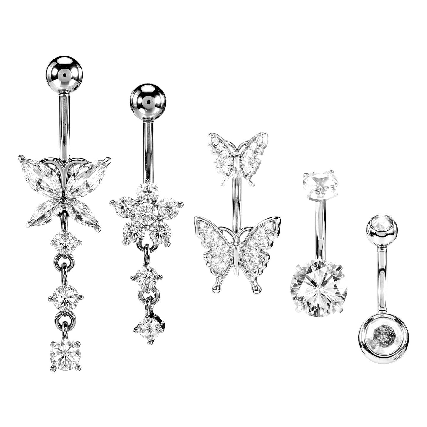 Dangle Belly Button Rings 5pcs Silver Belly Rings For Women CZ 14G Dangling Belly Button Rings Dangle With Butterfly Belly Piercing Jewelry Surgical Steel Belly Button Jewelry
