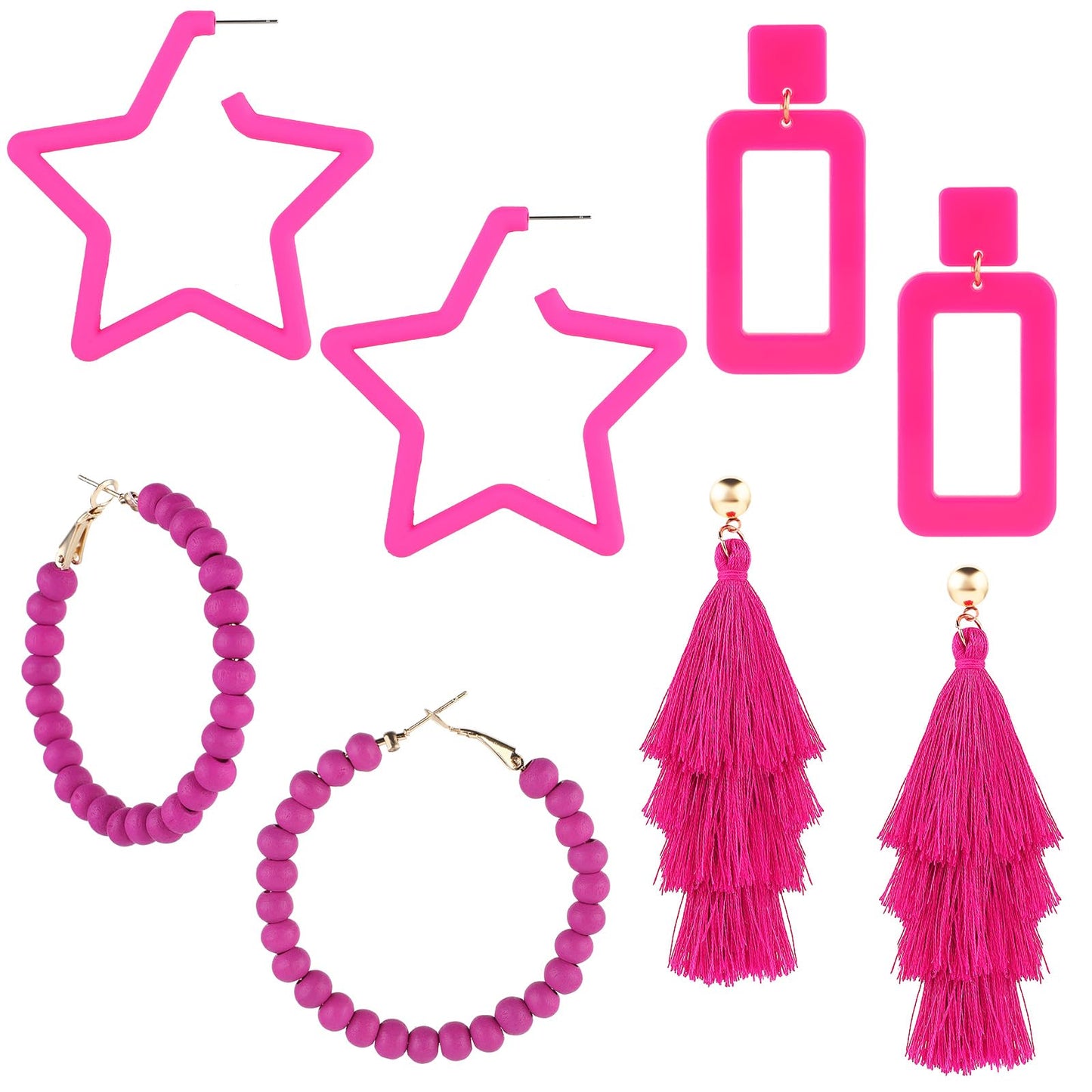 Tassel Earrings Bohemian 4Pairs Statement Earrings Geometric Heart Drop Hoop Earrings Boho Long Tassel Dangle Earrings Hot Pink Earrings