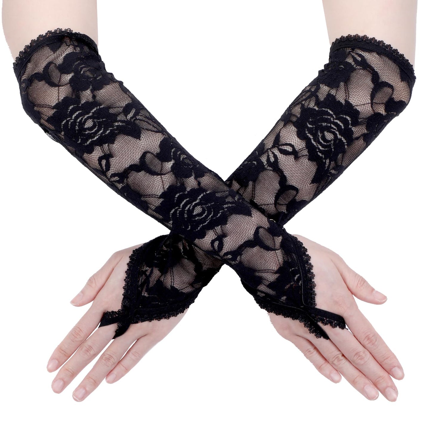 Lusofie Long Black Gloves,Black Lace Gloves,Black Lace Gloves,Black Gloves Stretchy Fancy Long Elbow Length Gloves Fingerless Gloves for Women Ladies and Girls Evening Wedding Tea Party Prom