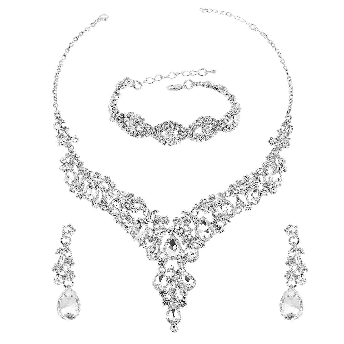 DIVINA VITAE Silver Jewelry Set for Women Formal Wedding Party Prom Rhinestone Teardrop Necklace Earrings Bracelets Sets Sparkly Crystal Statement Necklace for Bridal Bridesmaid Dress