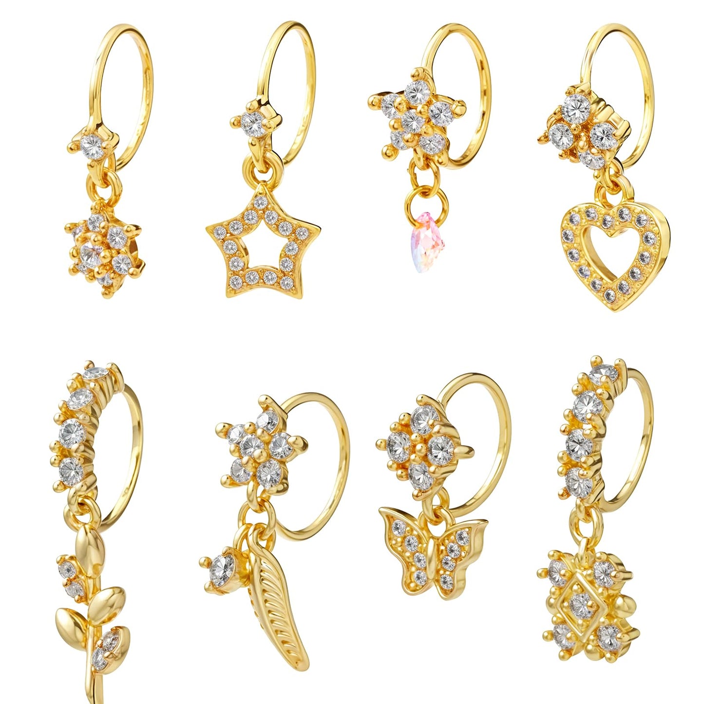 Tucnoeu 8 Pcs Dangle Nose Rings Hoop for Women,Gold Hoop Nose Rings,Butterfly Star Heart Star Cz Flower Leaf Dangly Nose Rings,Hoops Silver Gold