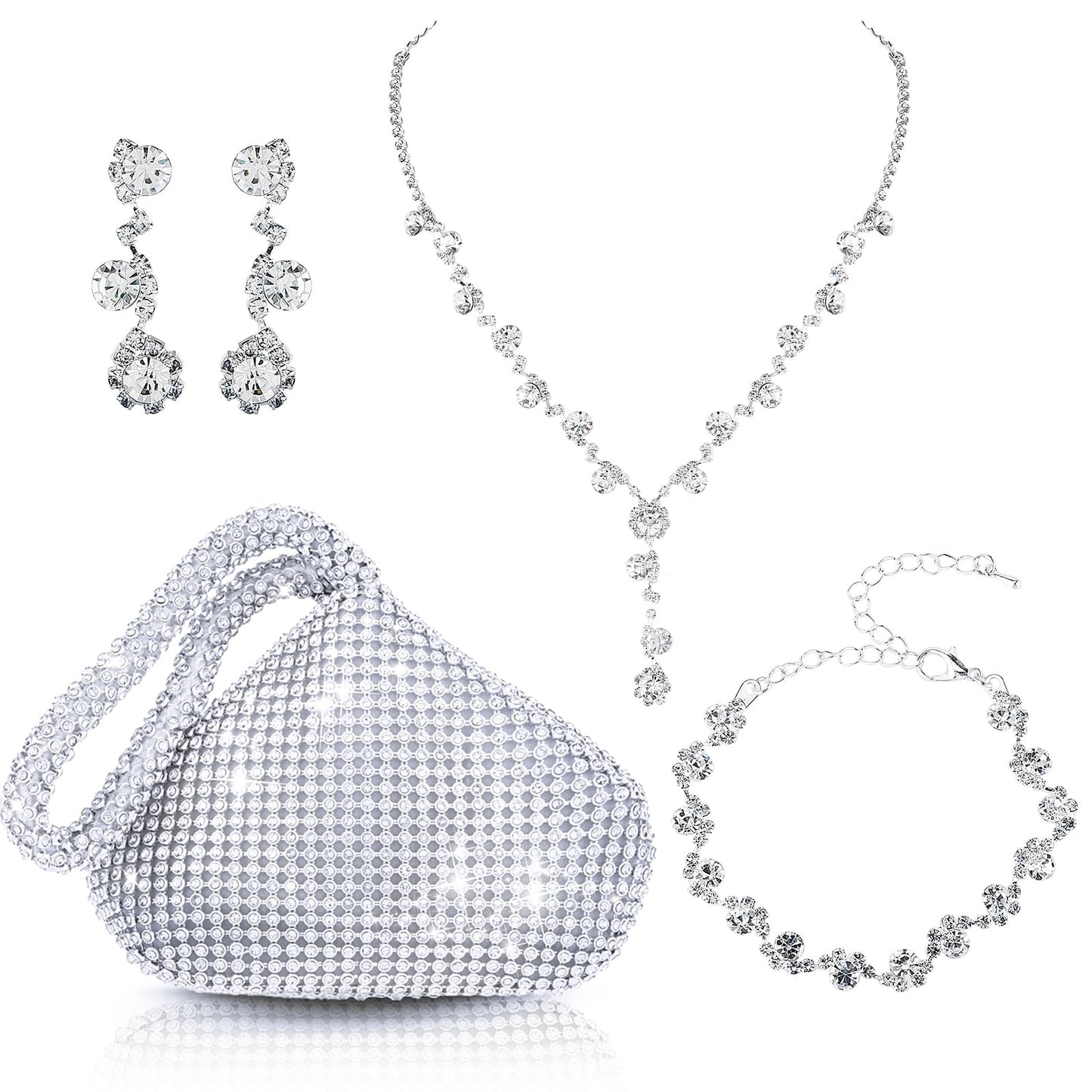 Bridal Jewelry Set for Wedding Rhinestone Clutch Purse Bag Bling Evening Bag Silver Necklace Earrings Bracelet Brides Bridesmaid Prom Costume Jewelry Set for Women and Girls