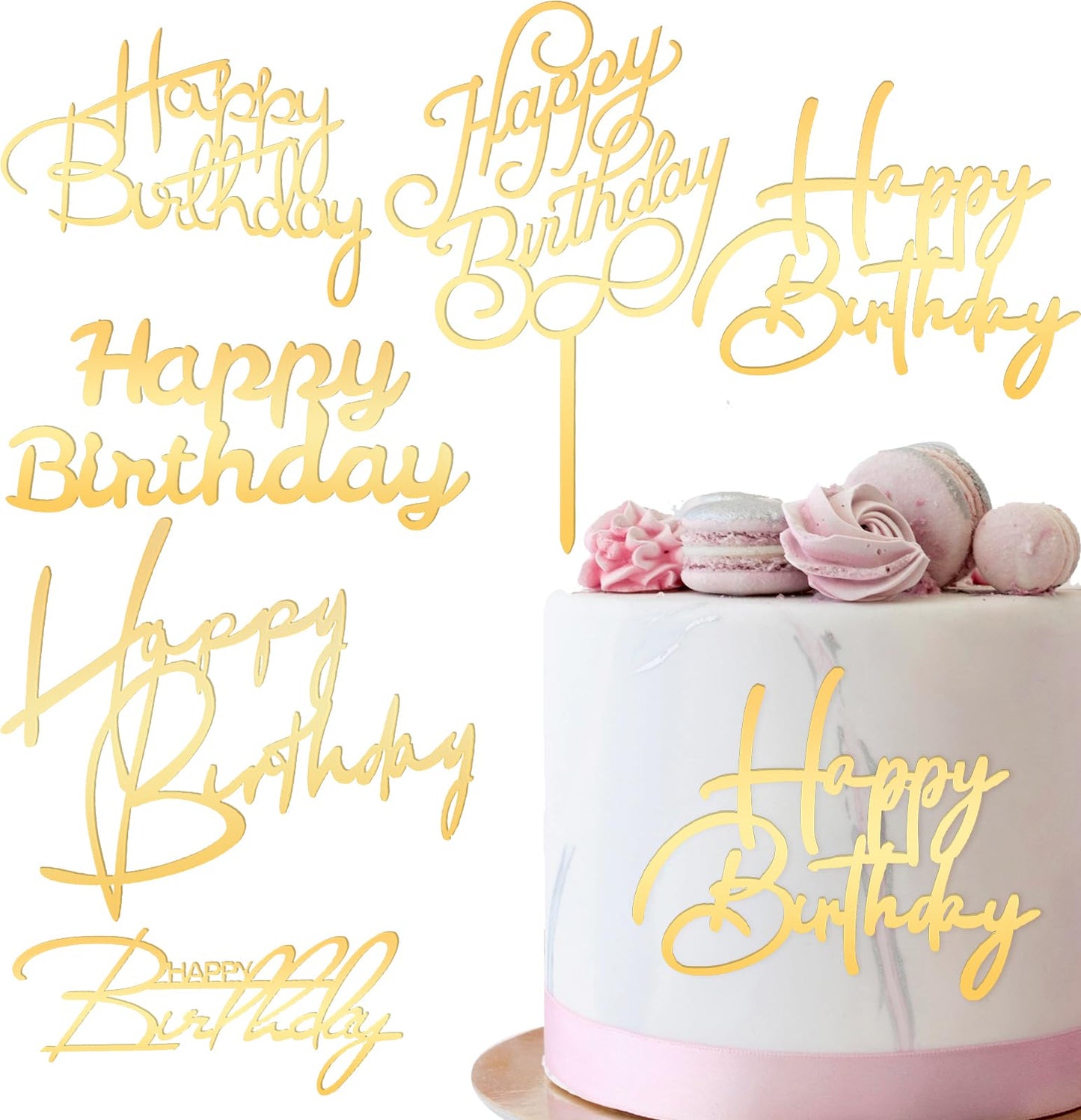 6 pcs Happy Birthday Cake Toppers Gold Cake Decorations Mirror Acrylic Cake Topper Side Cake Decorations Gold Cake Inserts for Birthday Party Cake Desserts Pastries