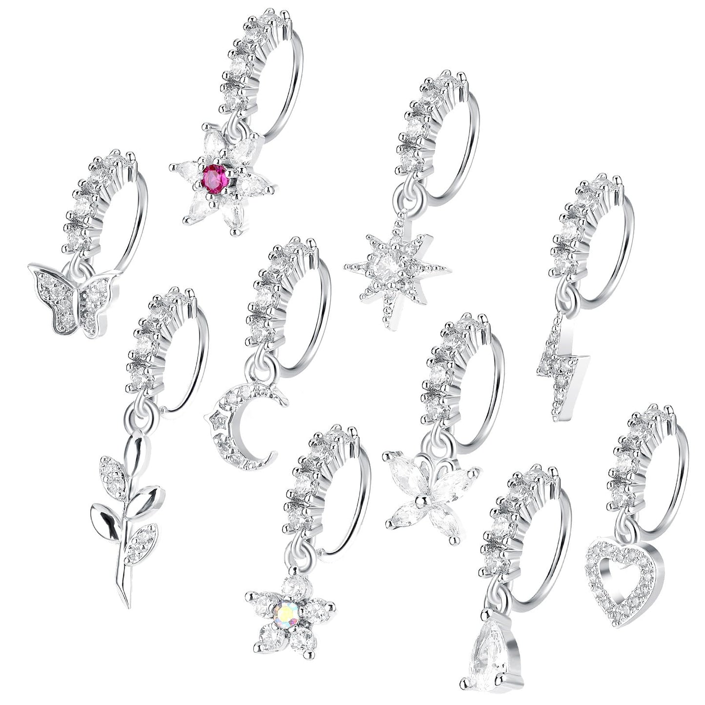 Yolev 10pcs Dangle Nose Ring 20g Nose Piercing Jewelry Butterfly Heart Moon Flower Leaf Star Cute Noses Rings For Women Cartilage Earring Body Piercing Jewelry