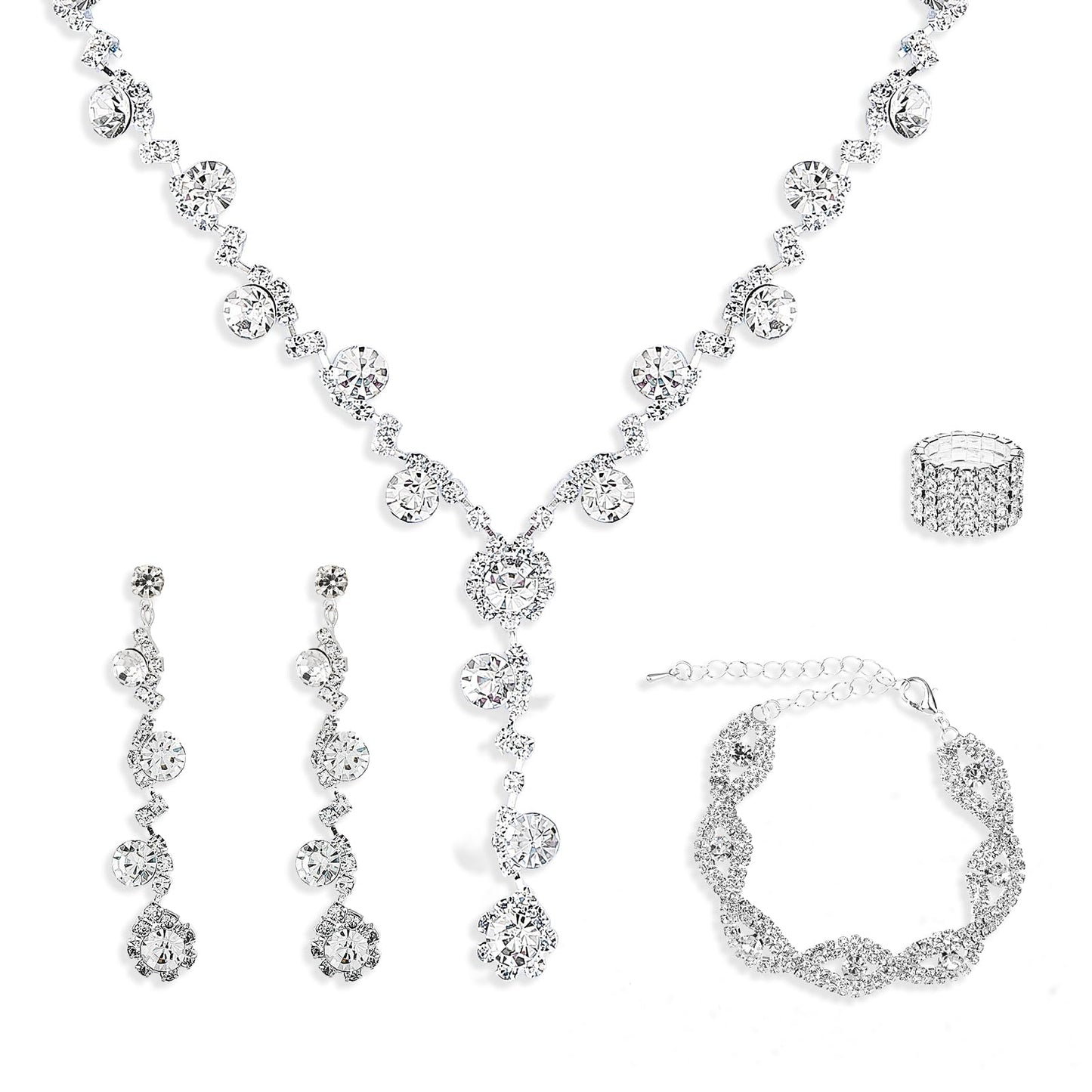 Lusofie 4 Pcs Rhinestone Bridal Wedding Jewelry Set Rhinestone Necklace Earrings Bracelet Ring Silver Rhinestone Jewelry Set for Women/Brides/Bridesmaids Party Costume Accessories