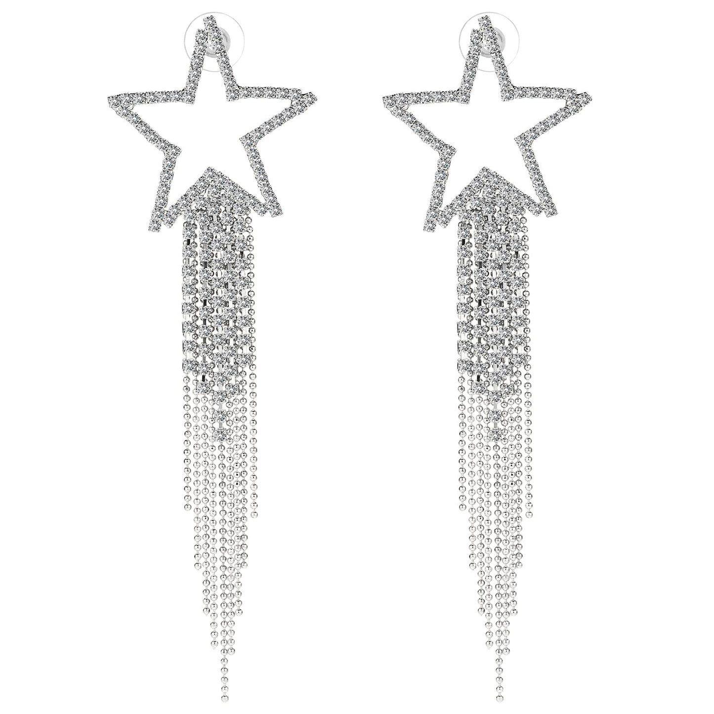 Lusofie Women’s Tassel Earrings Star Ear Stud Pave Crystal Dangle Earrings Rhinestone Fringe Chain Earring Bridal Jewellery Silver Tassel Drop Dangle Earrings Crystal Statement Dangle Earrings