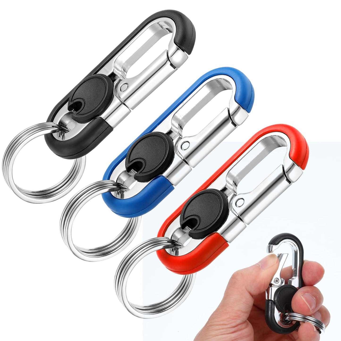 Josojoou Pack of 4 Carabiner Key Rings for Car Keys Small Key Carabiner Made of Stainless Steel with 8 Key Rings Double Ring Design Anti Loss Key Ring Clip for Men Women