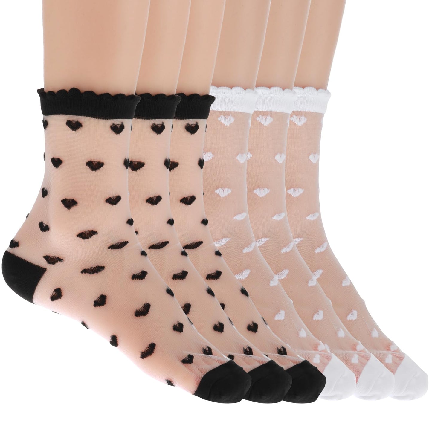 DIVINA VITAE 6 Pairs Sheer Ruffle Socks Woman Lace Heart Ankle Socks Summer Ultra Thin Transparent Socks See Through Frilly Socks Clear Tulle Mesh Socks for Women Fashion