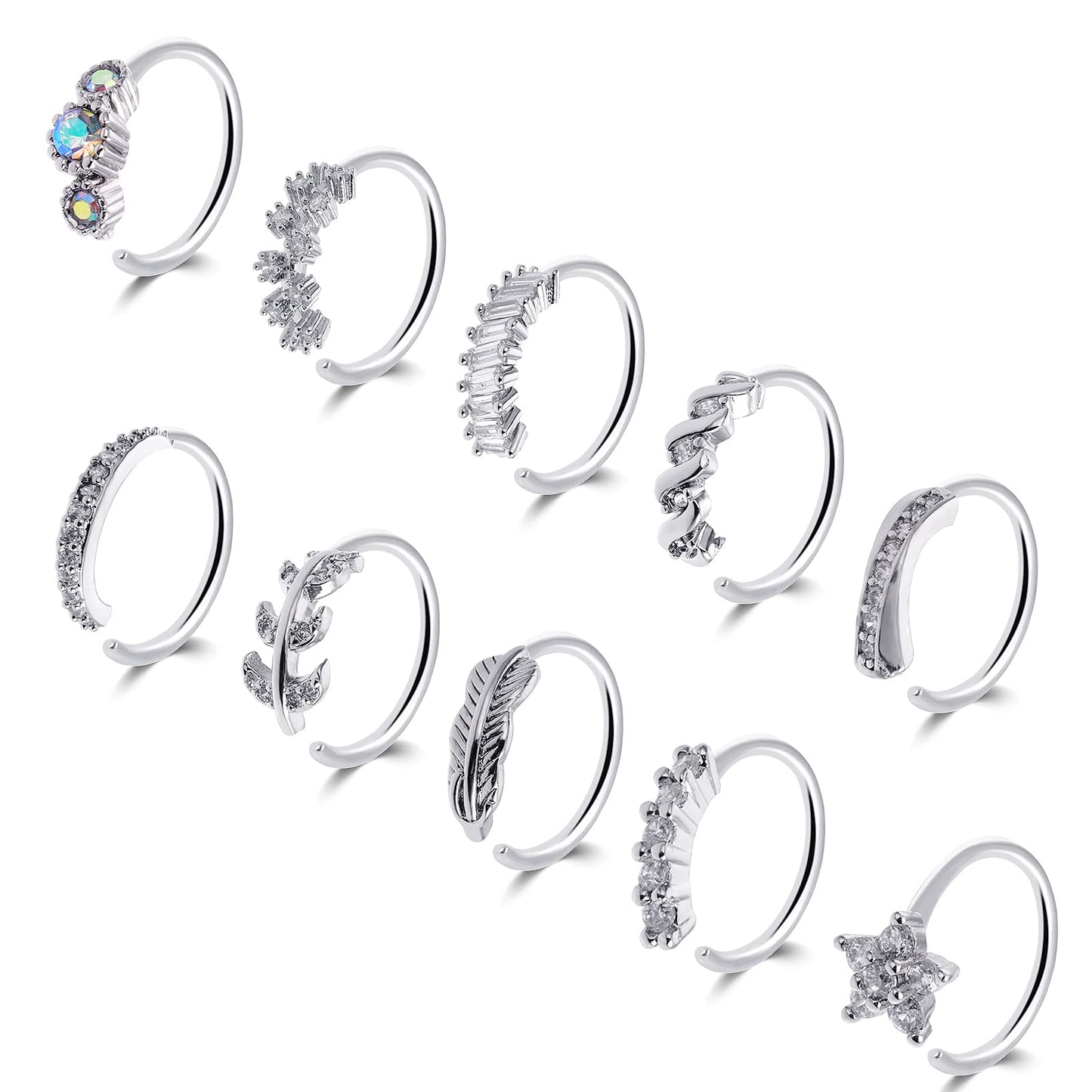Yolev 10Pcs Nose Rings Hoops Silver Septum Clicker Rhinestones Paved Leaf Feather Hinged Cartilage Tragus Lip Earrings Nose Piercing Hoop for Women(8MM)