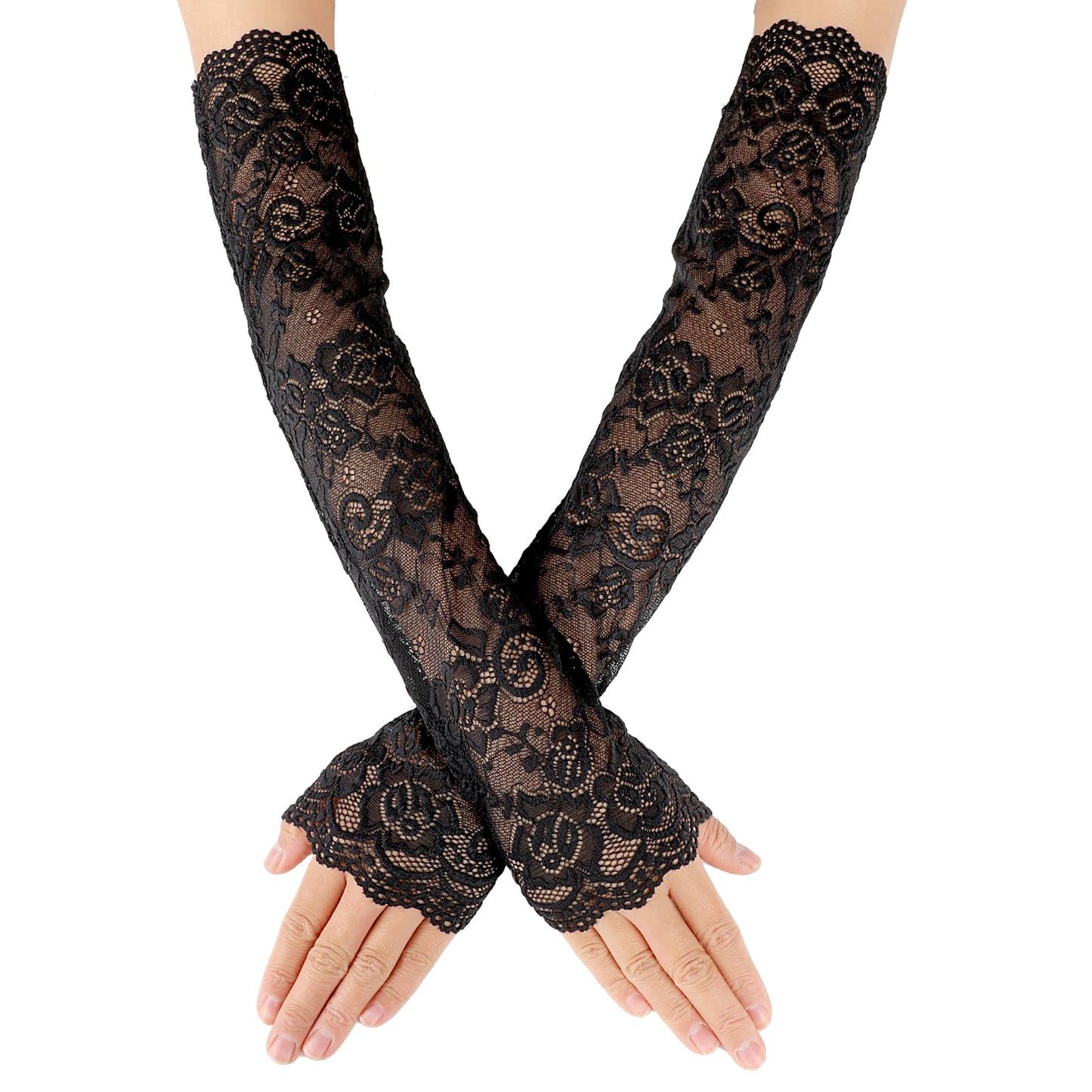 Women's Long Lace Fingerless Gloves Elbow Length Floral Lace Arm Sleeves Gloves Long Lace Floral Gloves for Tea Party (Black)