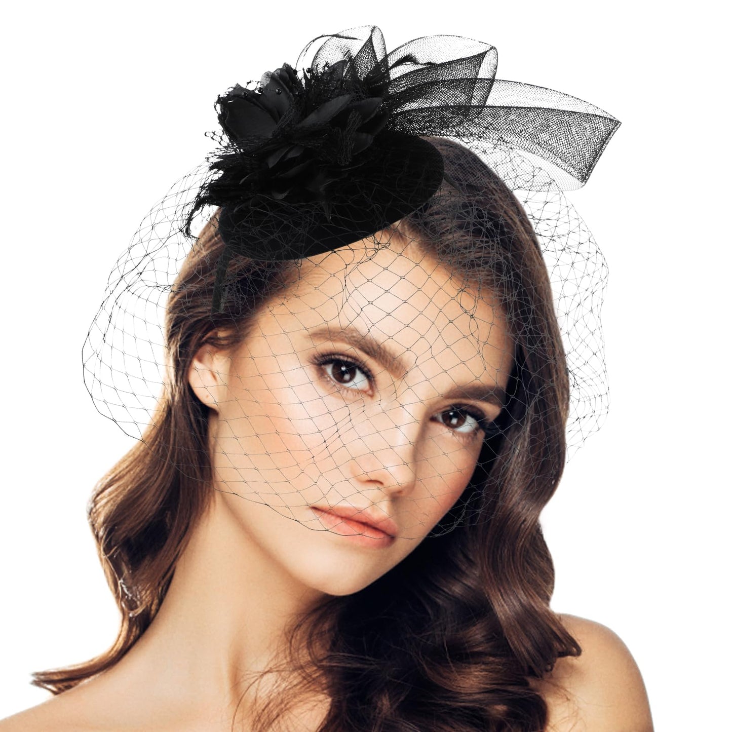 Women's Fascinators Hat Tea Party Headwear with Clip Flower Mesh Headband Derby Hat for Wedding Cocktail (Black)